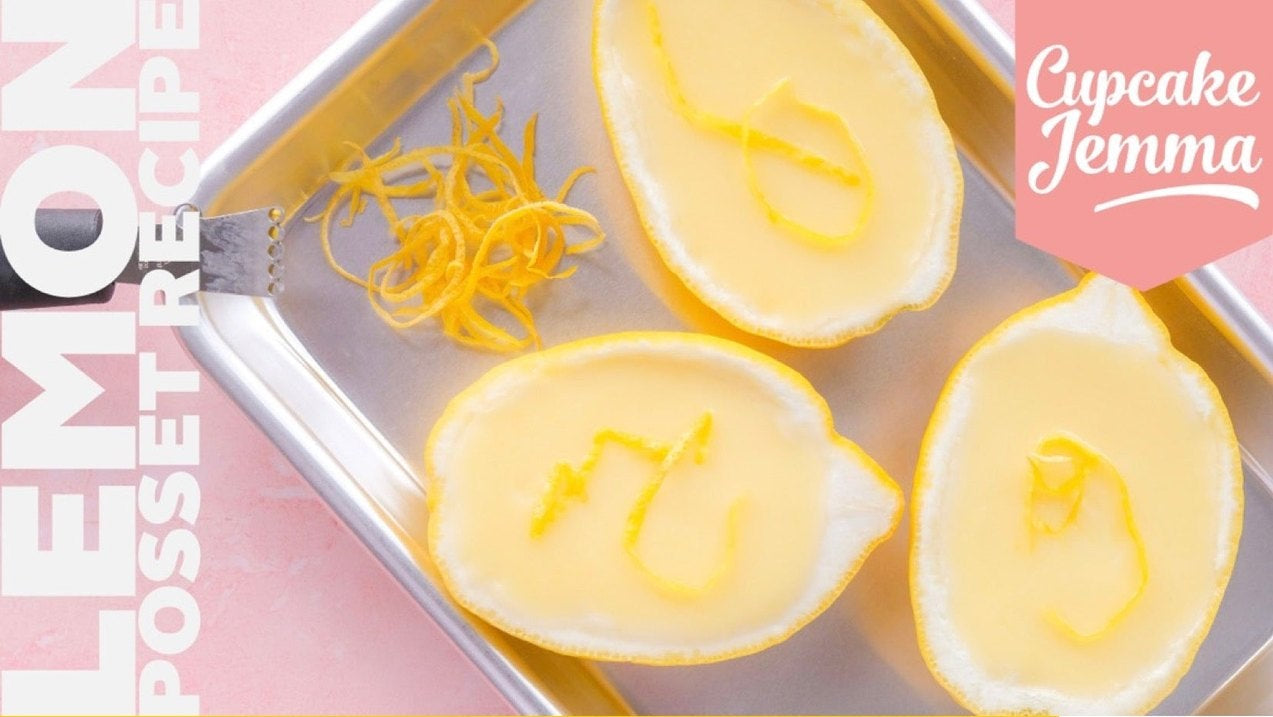 Lemon Possets downloadable recipe ingredients with lemon halves filled with creamy lemon dessert by Cupcake Jemma