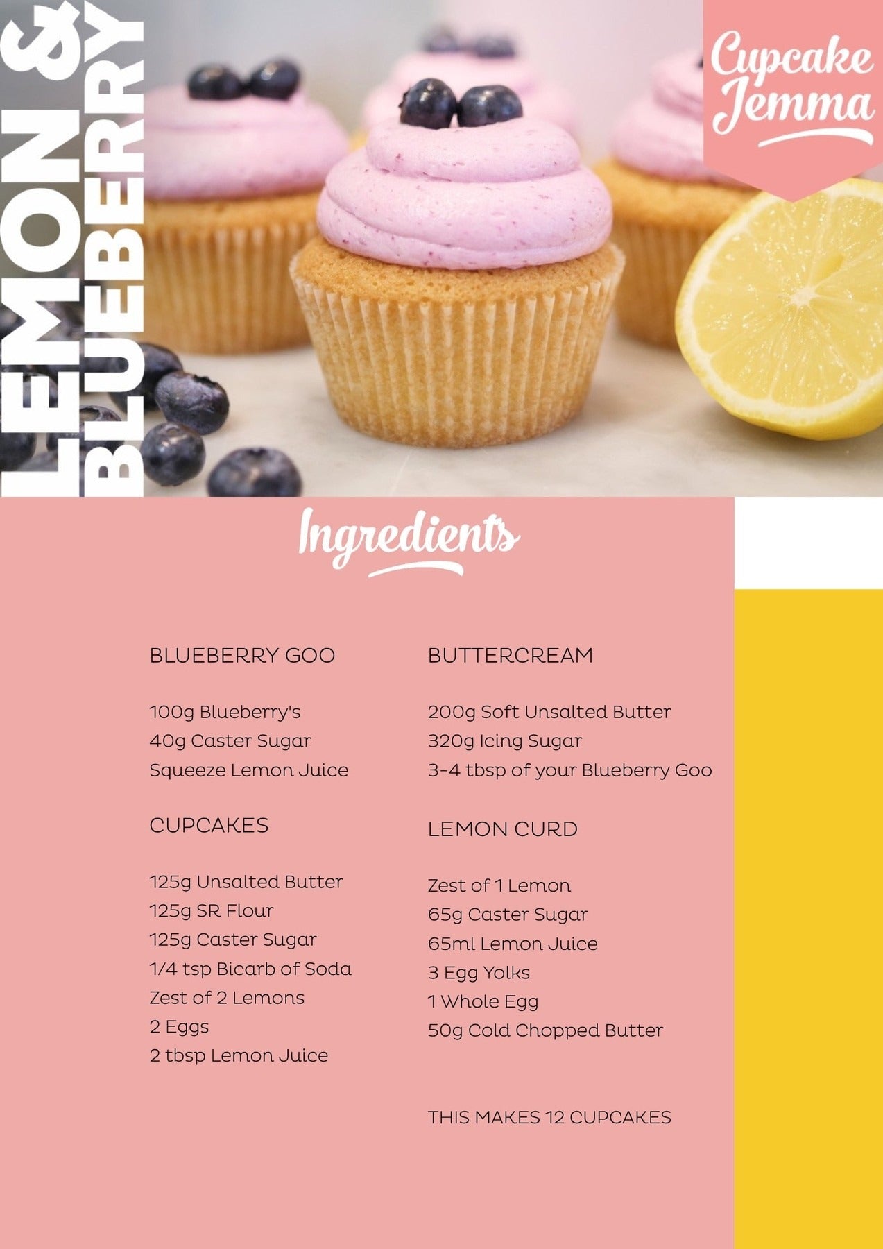 Lemon & Blueberry Cupcakes with pink frosting and blueberries showcasing Cupcake Jemma’s downloadable baking recipe.