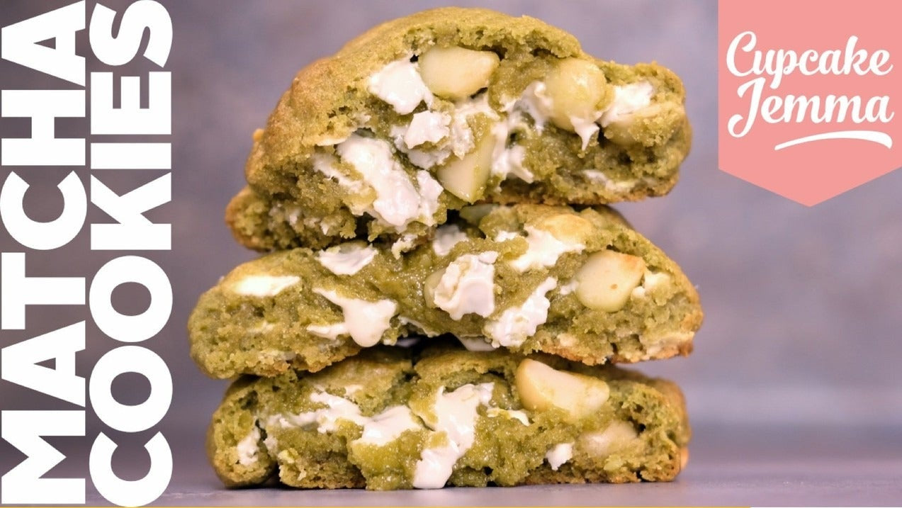 Stack of chewy Matchadamia New York Cookie downloadable recipe cookies with white chocolate and macadamia nuts by Cupcake Jemma