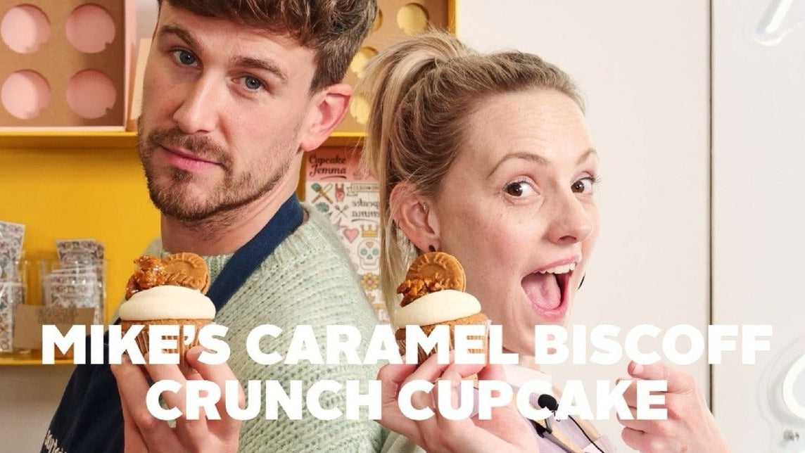 Two people holding Mike's Caramel Crunch Biscoff Cupcakes with recipe ingredients text below in colorful background