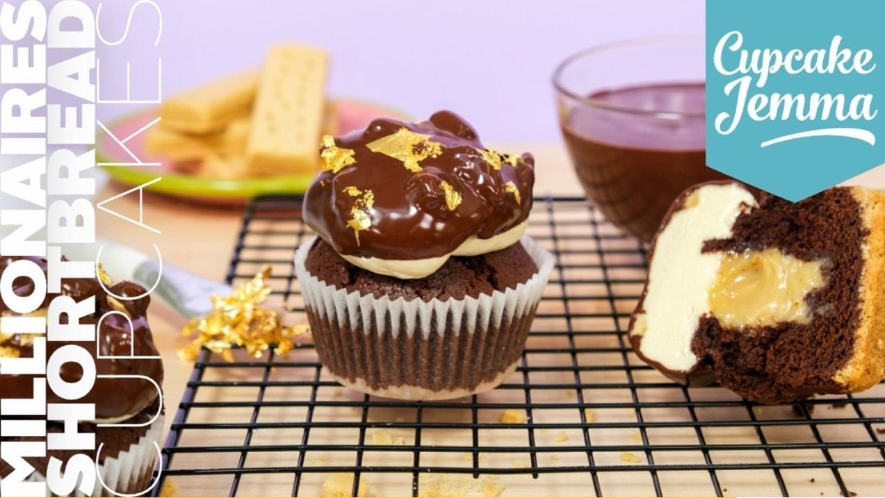 Millionaires Shortbread Cupcakes Downloadable Recipe featuring rich caramel, chocolate mudcake, and butterscotch buttercream by Cupcake Jemma