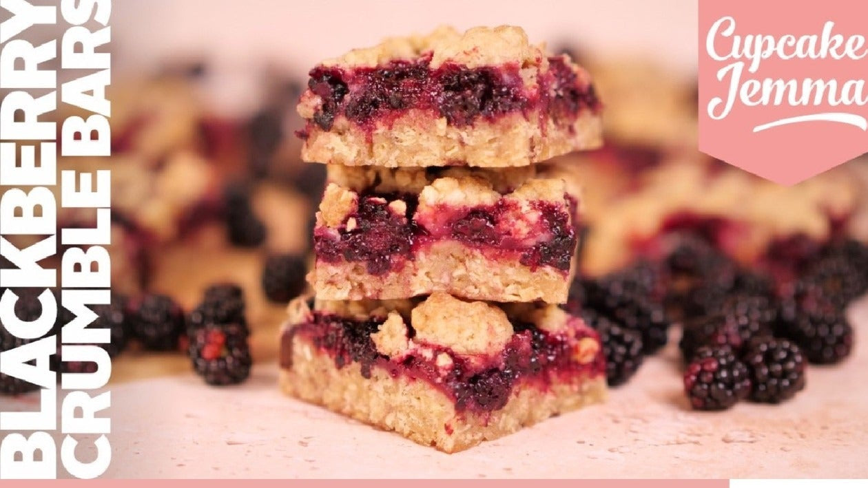 Stacked blackberry crumble bars with fresh blackberries, featuring Mindful Blackberry Crumble Bars downloadable recipe by Cupcake Jemma