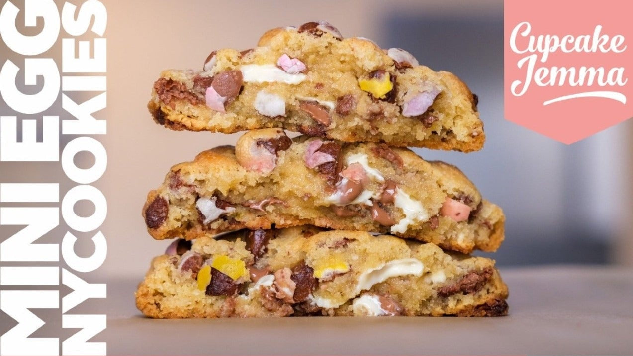 Stacked Mini Egg New York Cookies showing colorful chocolate pieces in a recipe image by Cupcake Jemma