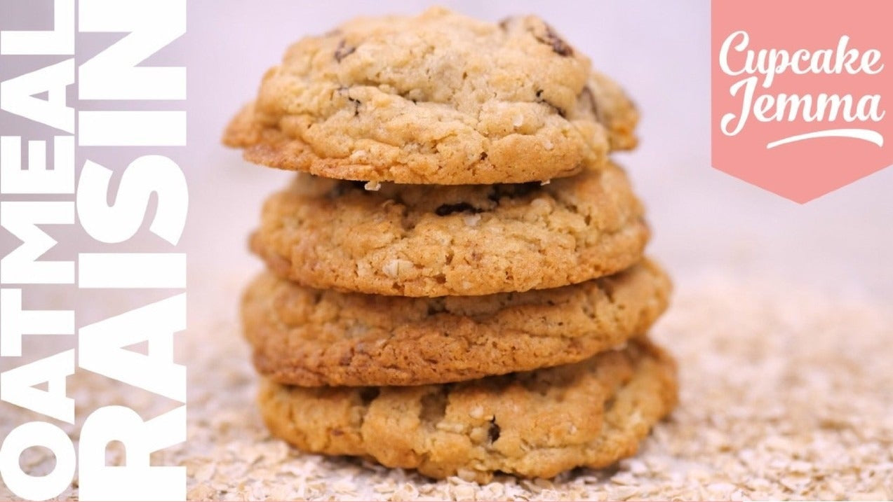 Stack of oatmeal and raisin cookies with ingredients list for Oatmeal & Raisin New York Cookies downloadable recipe by Cupcake Jemma