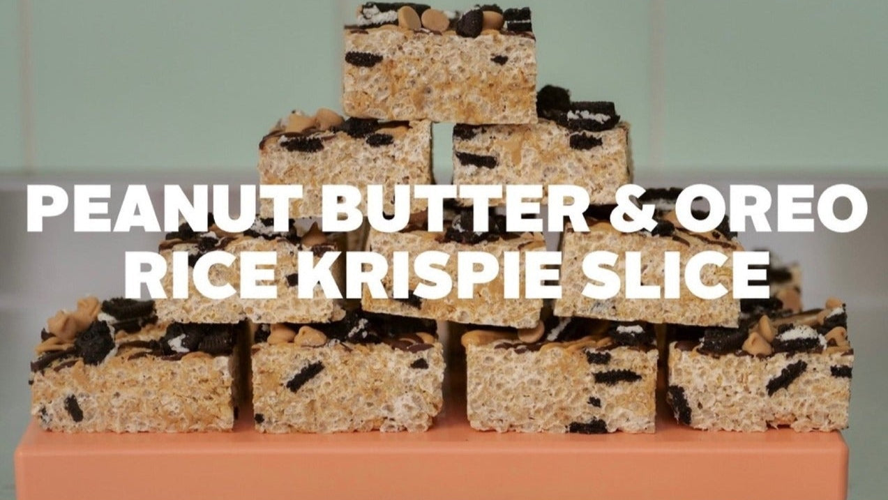 Stacked Oreo Peanut Butter Rice Krispie Treats with ingredients list for a downloadable baking recipe by Cupcake Jemma