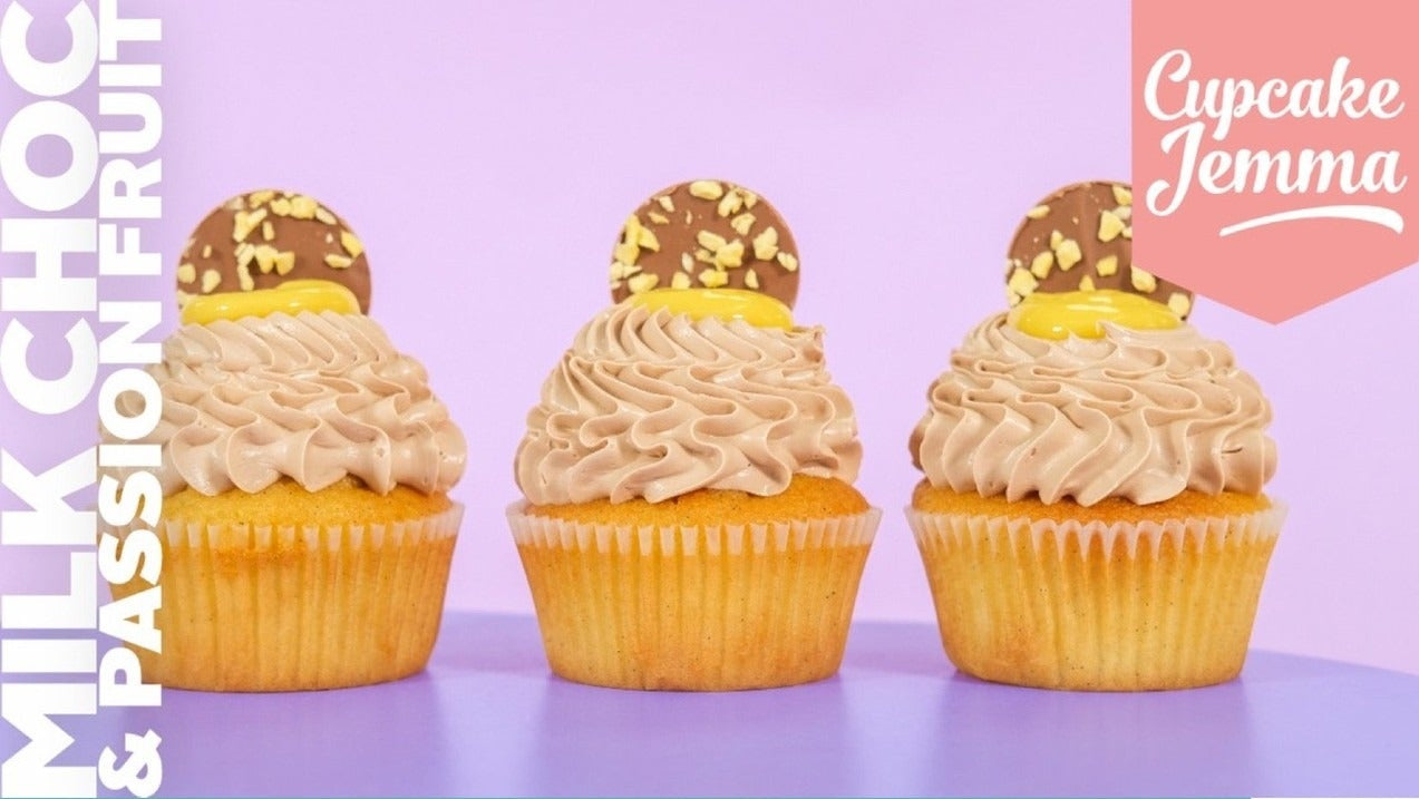 Three Passion Fruit and Milk Chocolate Cupcakes with creamy frosting from Cupcake Jemma recipe download.