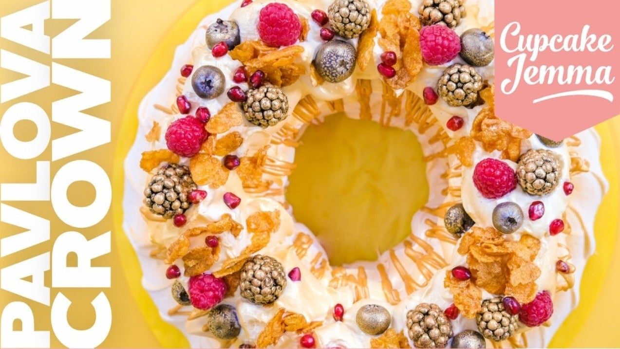 Pavlova Crown downloadable recipe by Cupcake Jemma featuring a decorated meringue crown with fresh fruit and caramelized white chocolate.