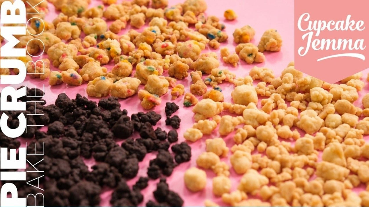 Close-up of three types of pie crumb toppings arranged on a pink surface with recipe ingredients below for Pie Crumb downloadable recipe.