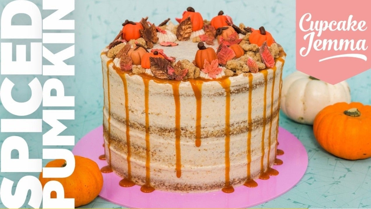 Pumpkin Spice Cake with caramel drizzle and autumn decorations topping, Cupcake Jemma baking recipe preview