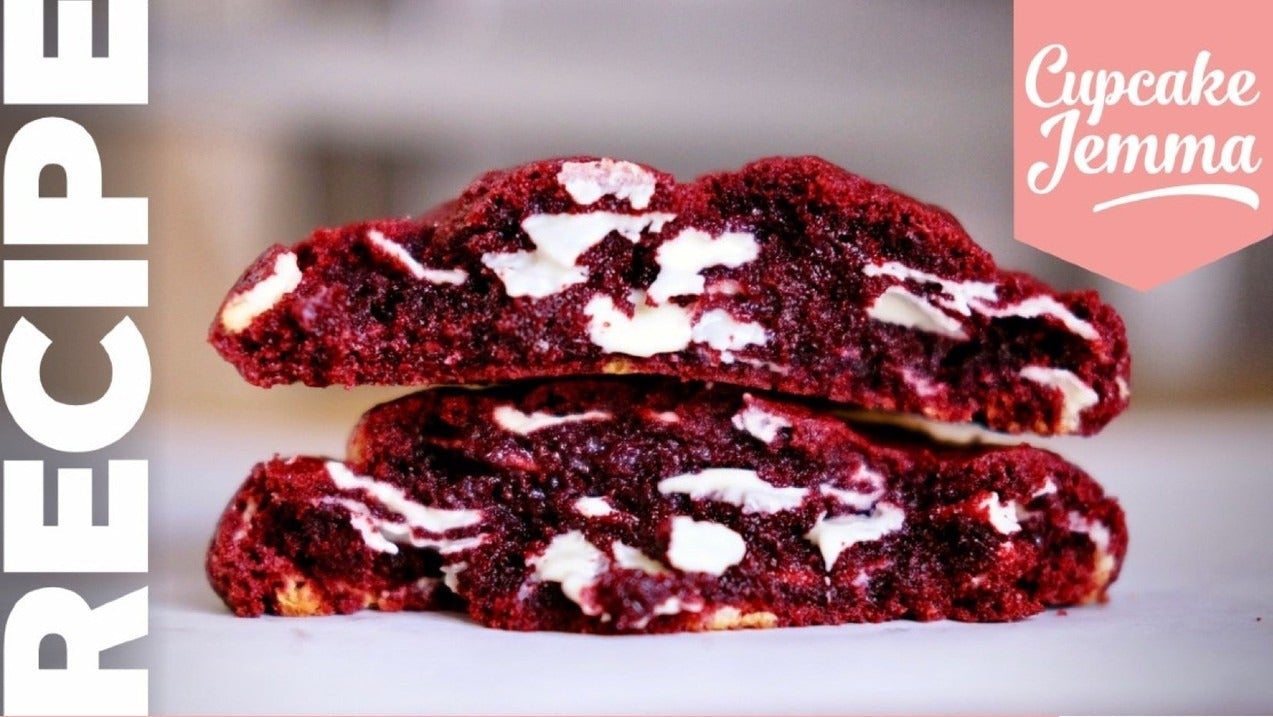 Red Velvet New York Cookies downloadable recipe with white chocolate chips by Cupcake Jemma for baking enthusiasts