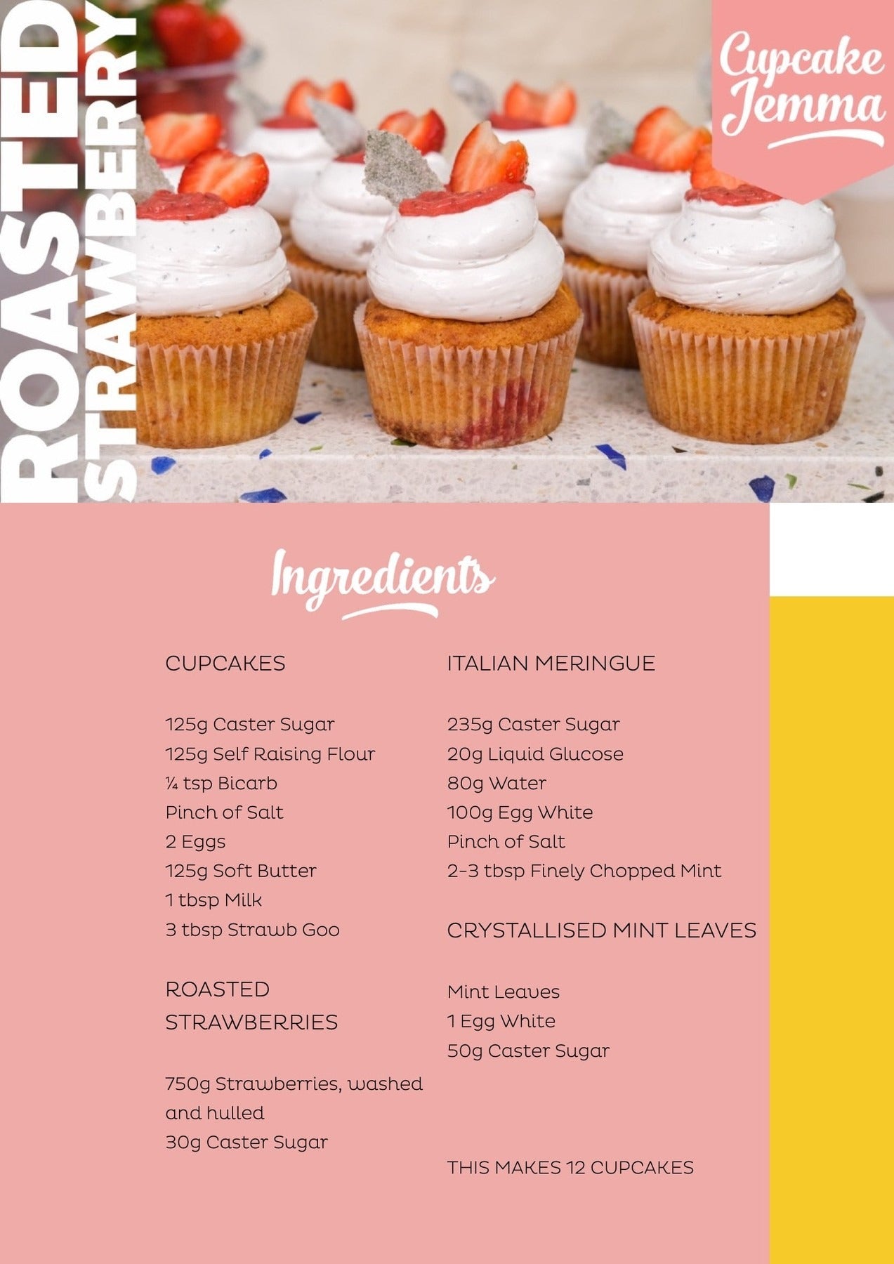 Close-up of Roasted Strawberry & Mint Cupcakes with creamy frosting and fresh strawberry garnish by Cupcake Jemma recipe.