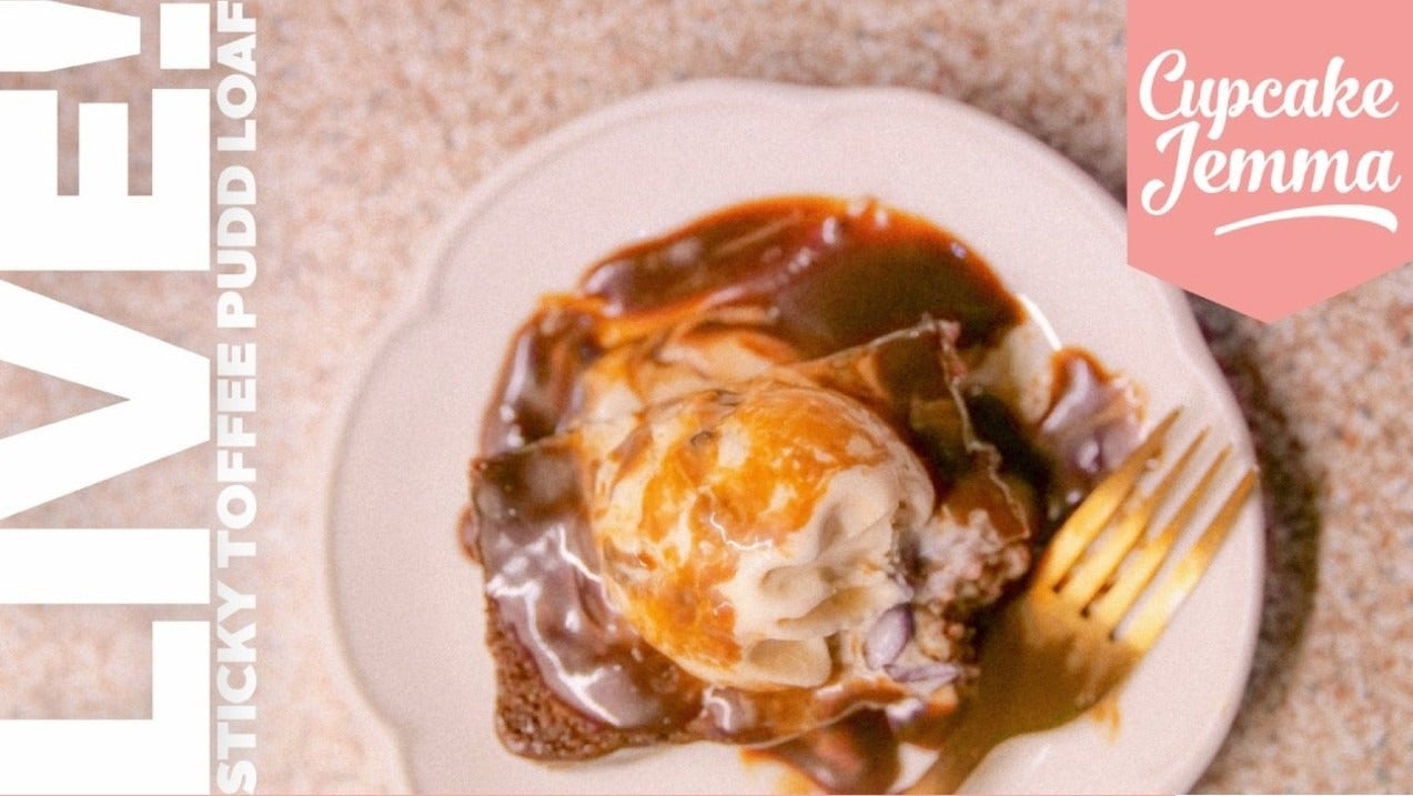 Plate of sticky toffee pudding loaf cake with sauce and ice cream alongside recipe ingredients by Cupcake Jemma