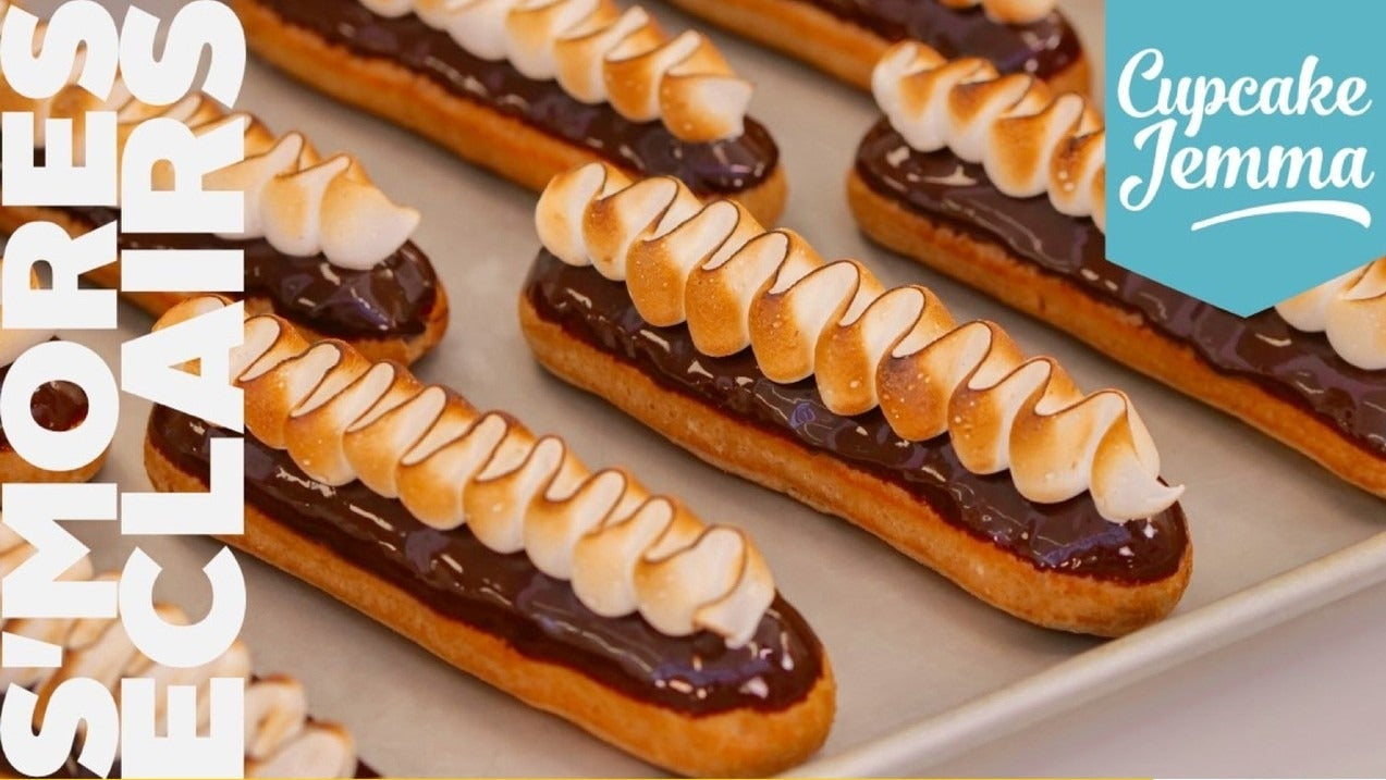 S’mores Eclairs with toasted meringue, chocolate glaze, and biscuit creme diplomat by Cupcake Jemma recipe download.