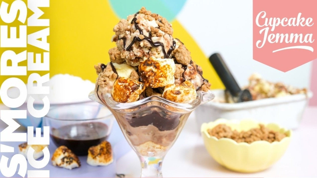 S'mores Ice Cream downloadable recipe by Cupcake Jemma featuring roasted marshmallows and chocolate drizzle dessert.