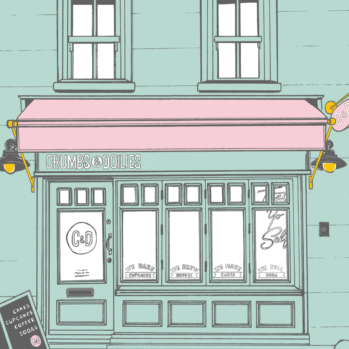 Illustration of Crumbs & Doilies shopfront with pastel colors and pink awning for C&D Tea Towel design