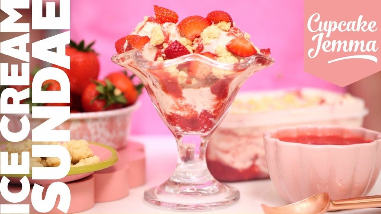 Strawberry Shortcake Ice Cream downloadable recipe ingredients list with a sundae served in a glass and Cupcake Jemma branding.