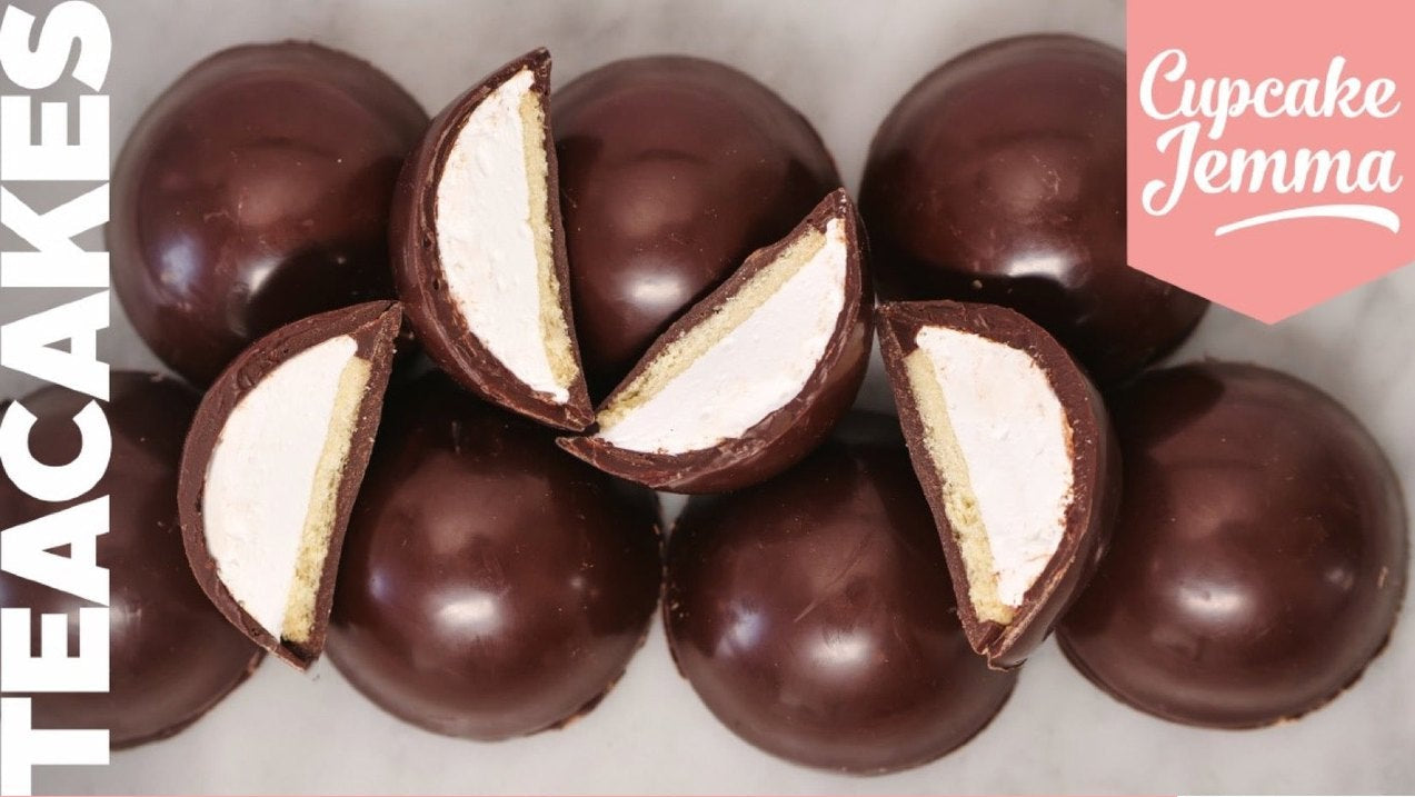 Tea Cakes downloadable recipe image featuring chocolate-covered marshmallow treats by Cupcake Jemma with ingredients list.