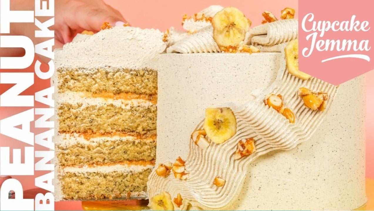 Layered Toasty Banana and Peanut Cake with Swiss meringue buttercream and peanut decorations by Cupcake Jemma recipe