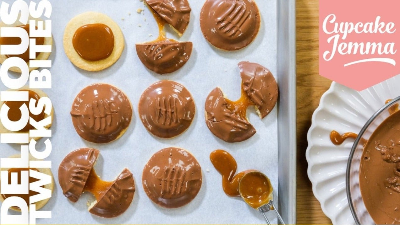 Twicks Bites downloadable recipe ingredients with shortbread biscuits, chewy caramel filling, and chocolate topping by Cupcake Jemma