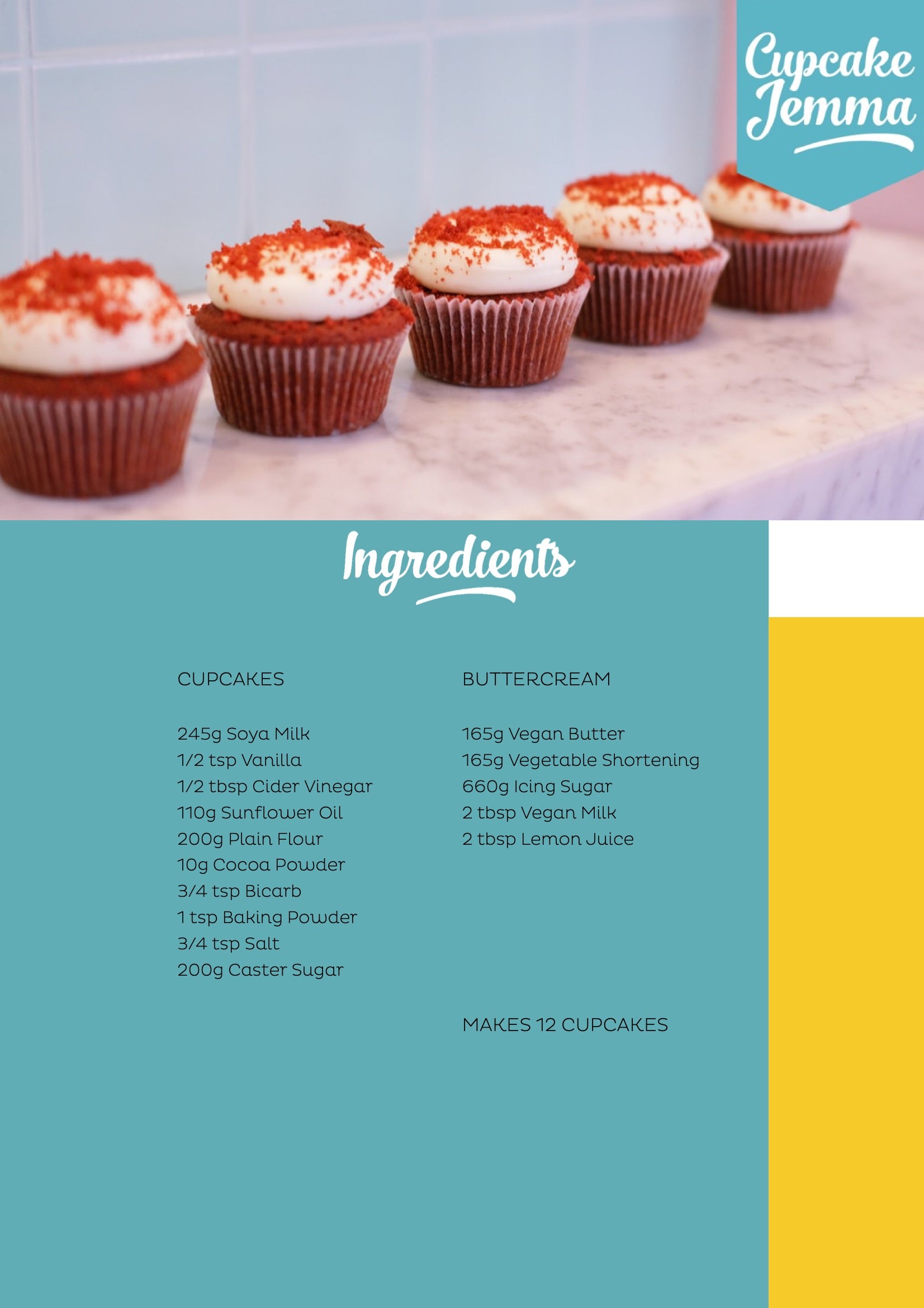 Row of Vegan Red Velvet Cupcakes with frosting by Cupcake Jemma and ingredient list for downloadable recipe.