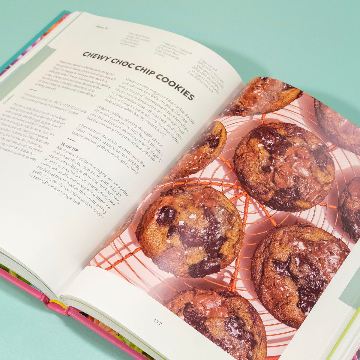 Open Crumbs & Doilies Recipe Book showing chewy choc chip cookies recipe and full color photo by Cupcake Jemma