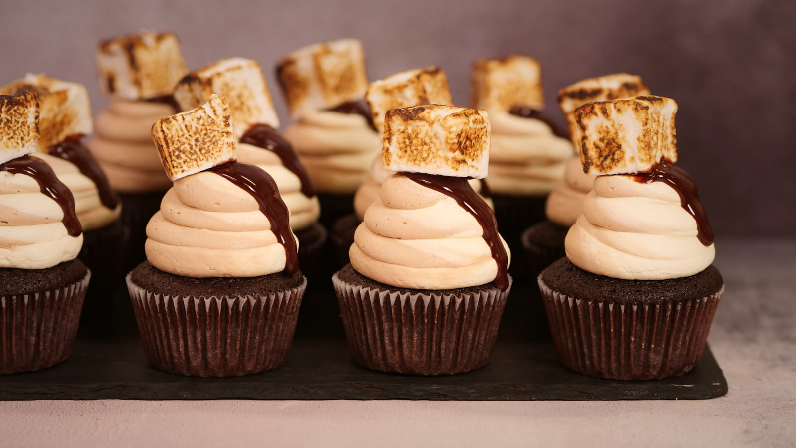 Hot Chocolate Cupcakes with Toasted Marshmallows