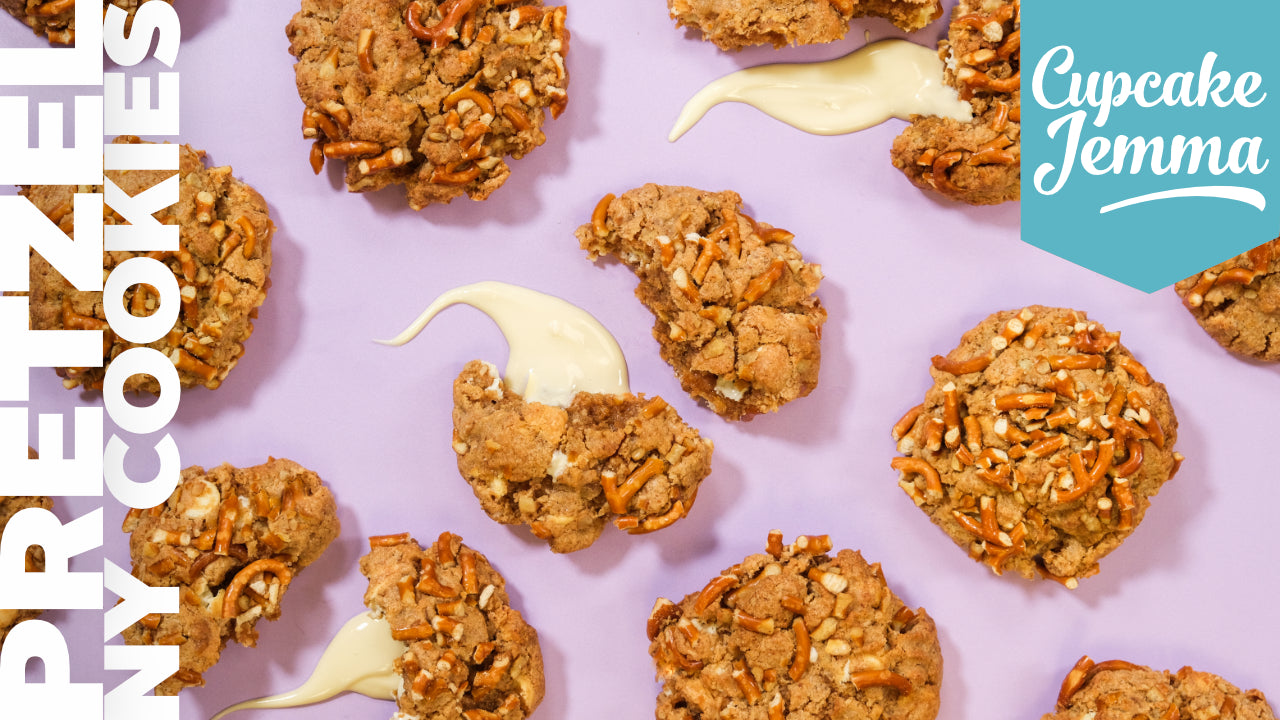 Pretzel & Caramelized White Chocolate New York Cookies | Cupcake Jemma