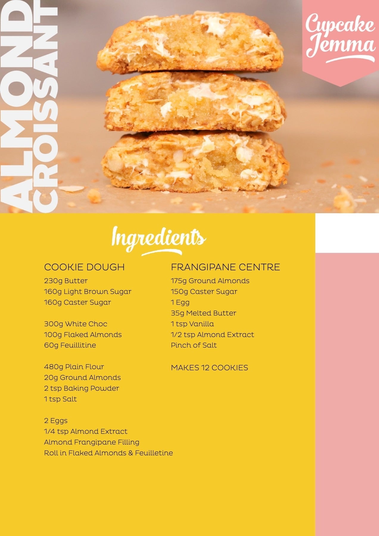 Stacked almond croissant cookies showing texture with Cupcake Jemma branding and downloadable recipe ingredients list