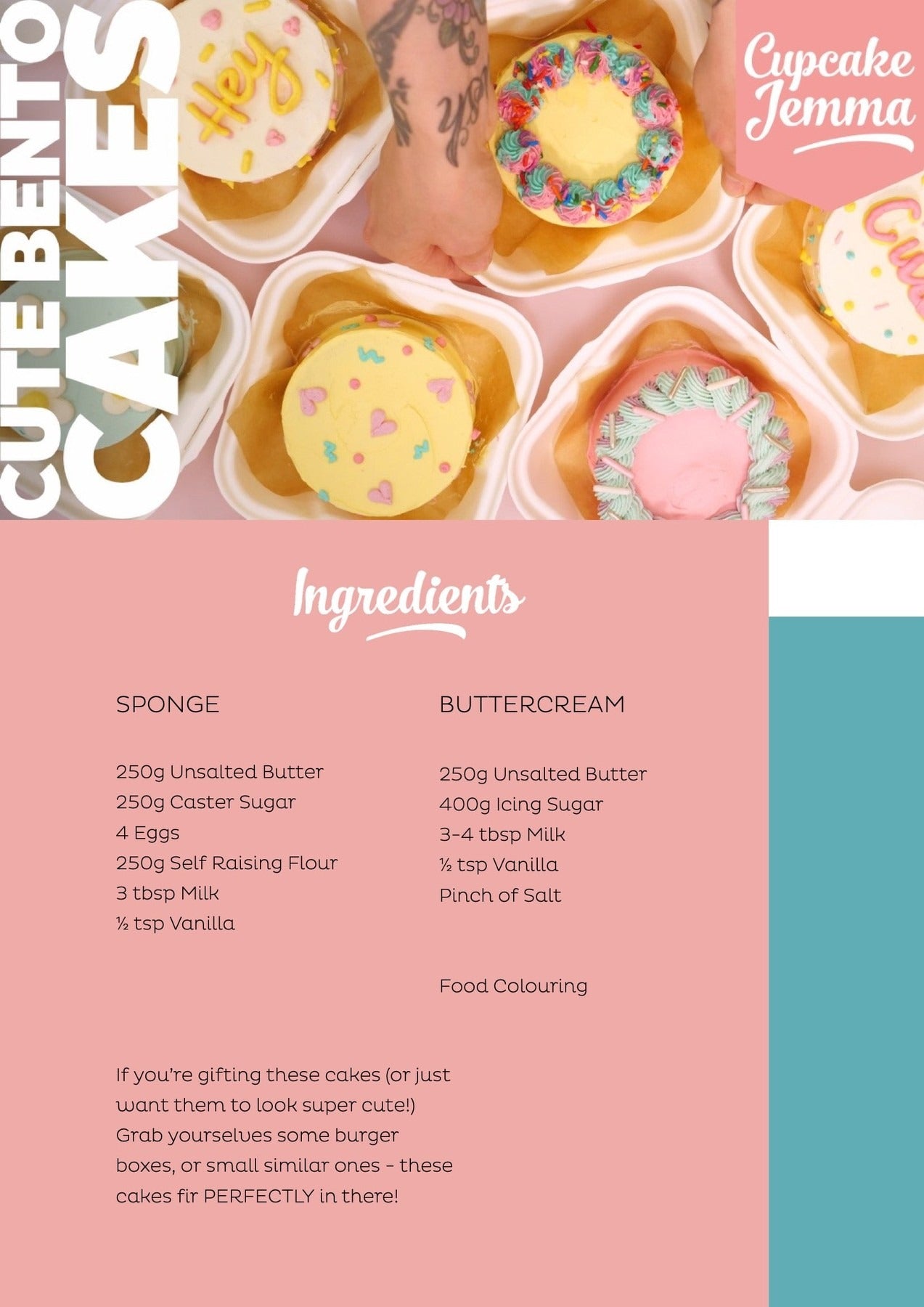 Top view of colorful decorated bento cakes with ingredients list for Cupcake Jemma Bento Cakes downloadable recipe.