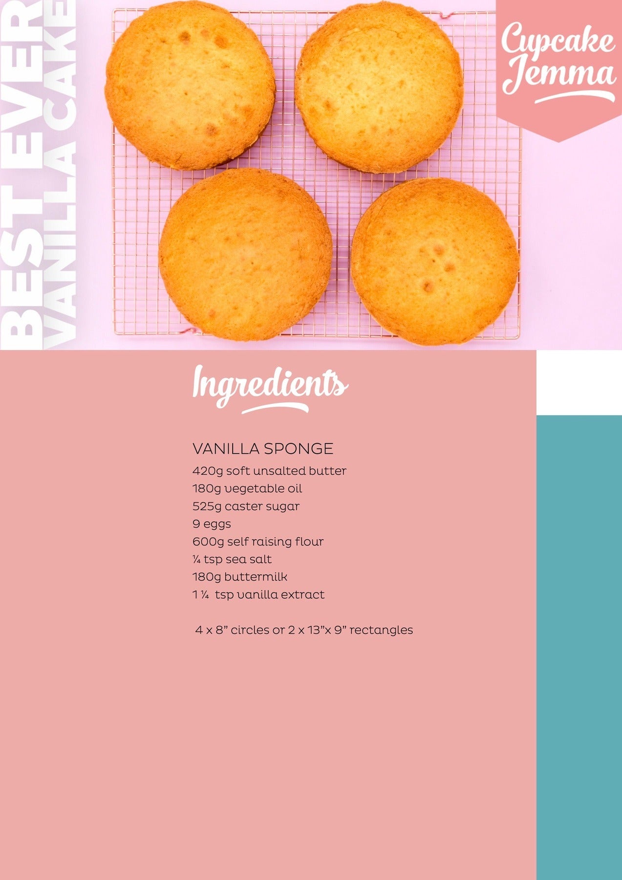 Best Vanilla Cake Sponge downloadable recipe with four golden vanilla sponge cakes baked by Cupcake Jemma