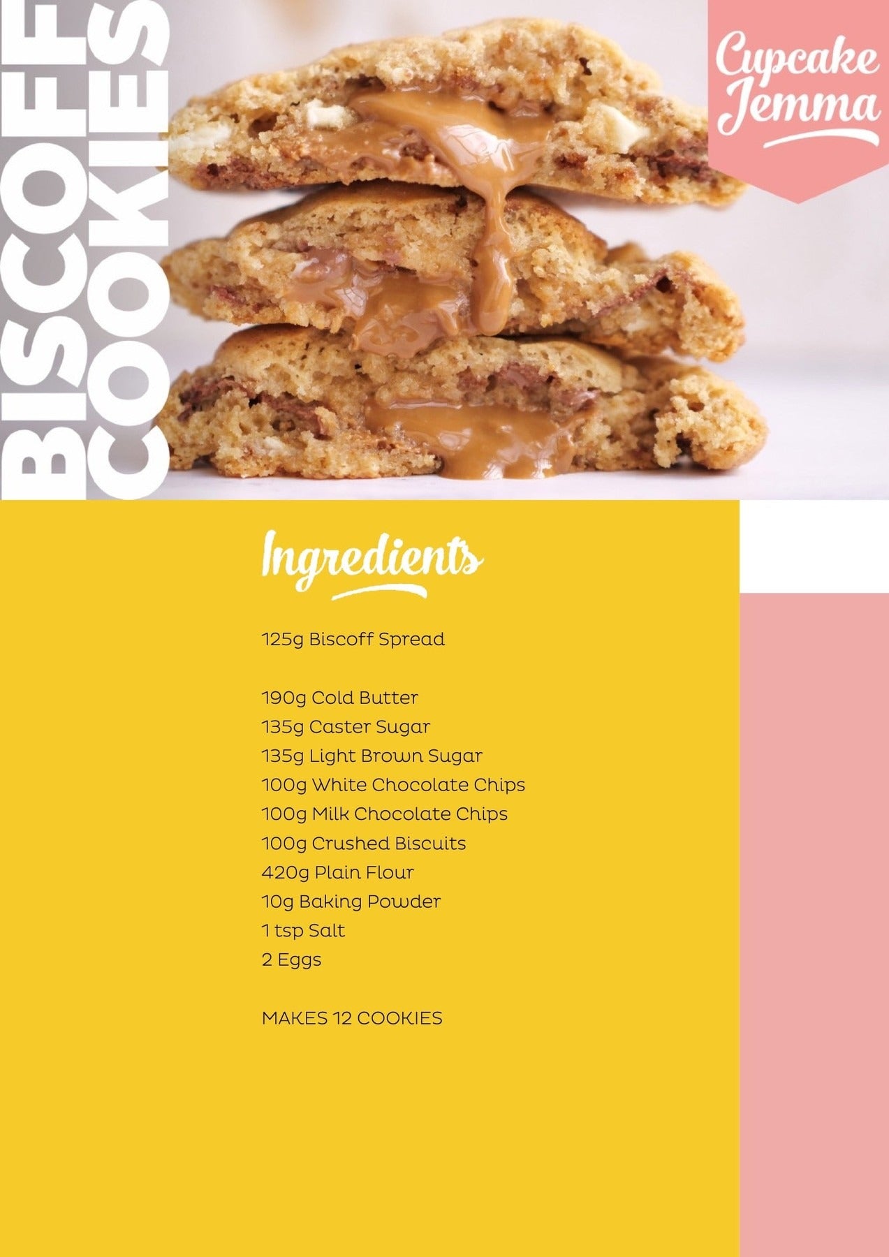Close-up of gooey Biscoff New York Cookies with melted spread and baking recipe by Cupcake Jemma visible