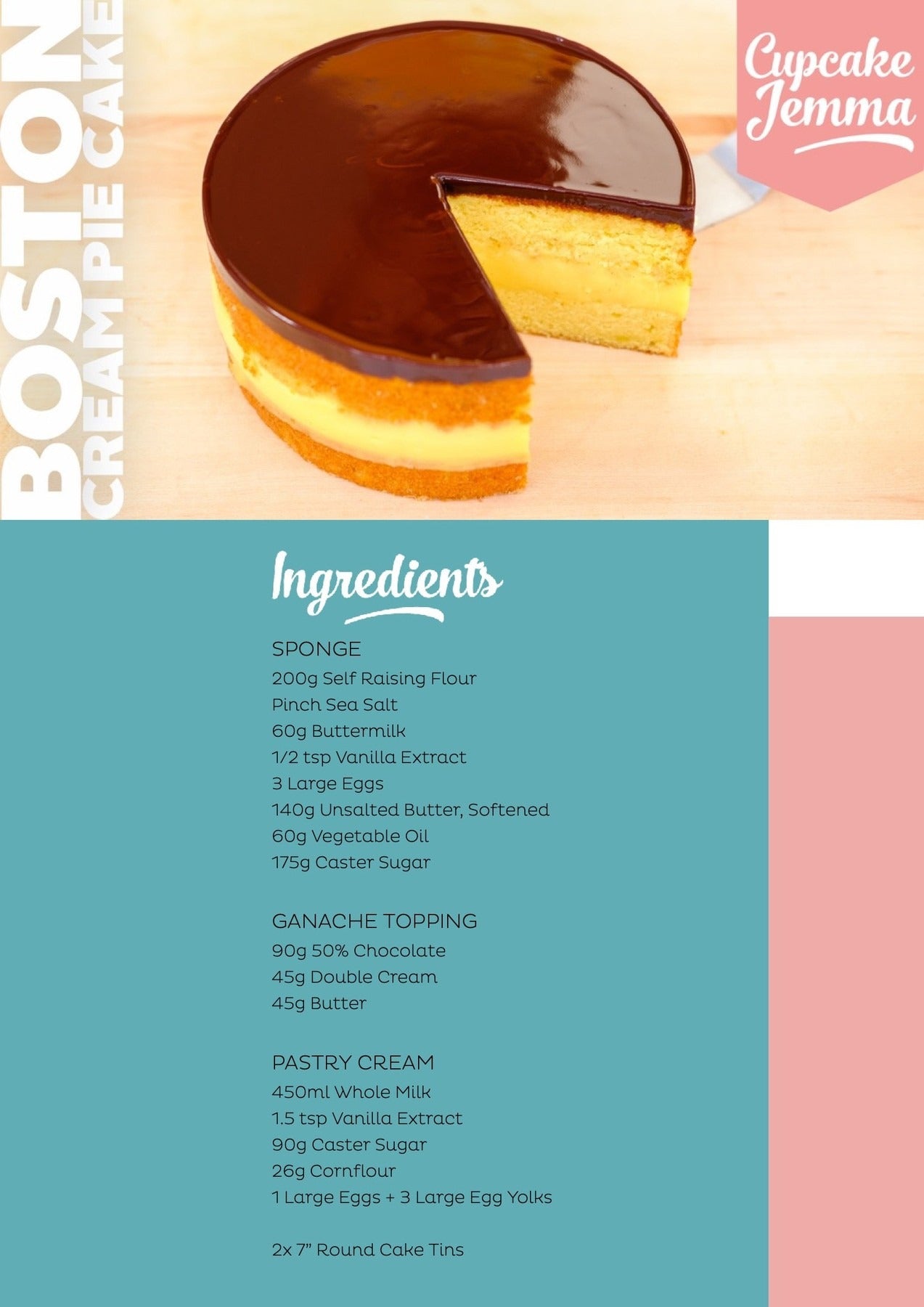 Boston Cream Pie Cake with rich custard and chocolate ganache shown for Cupcake Jemma baking recipe download