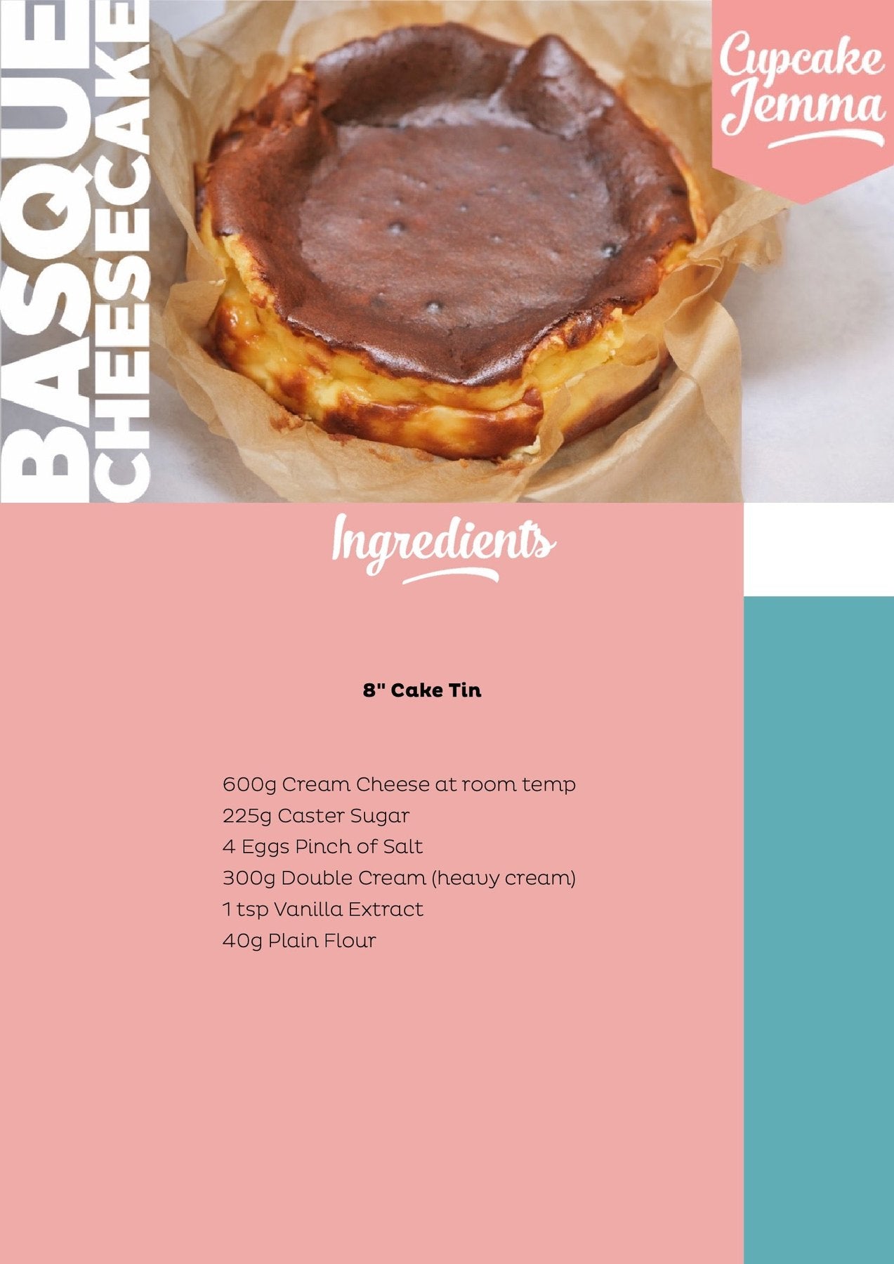 Burnt Basque Cheesecake with caramelized top and creamy texture featured in downloadable recipe by Cupcake Jemma