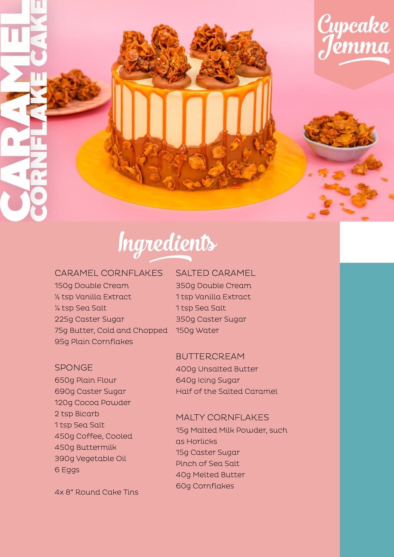 Caramel Cornflake Cake with salted caramel drip and crunchy cornflake clusters on a pink background by Cupcake Jemma recipe