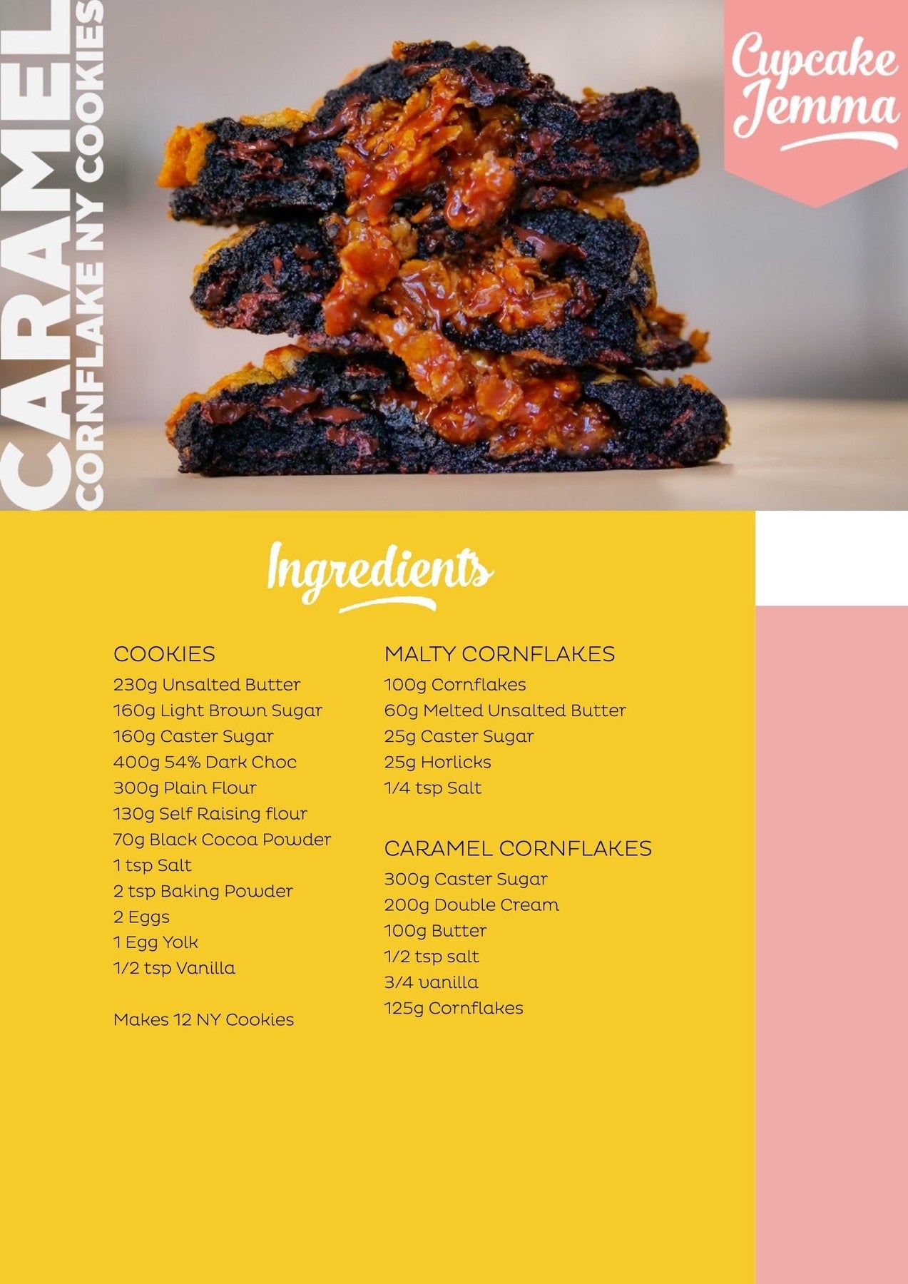 Close-up of stacked caramel cornflake New York cookies with gooey caramel and crispy cornflakes inside by Cupcake Jemma