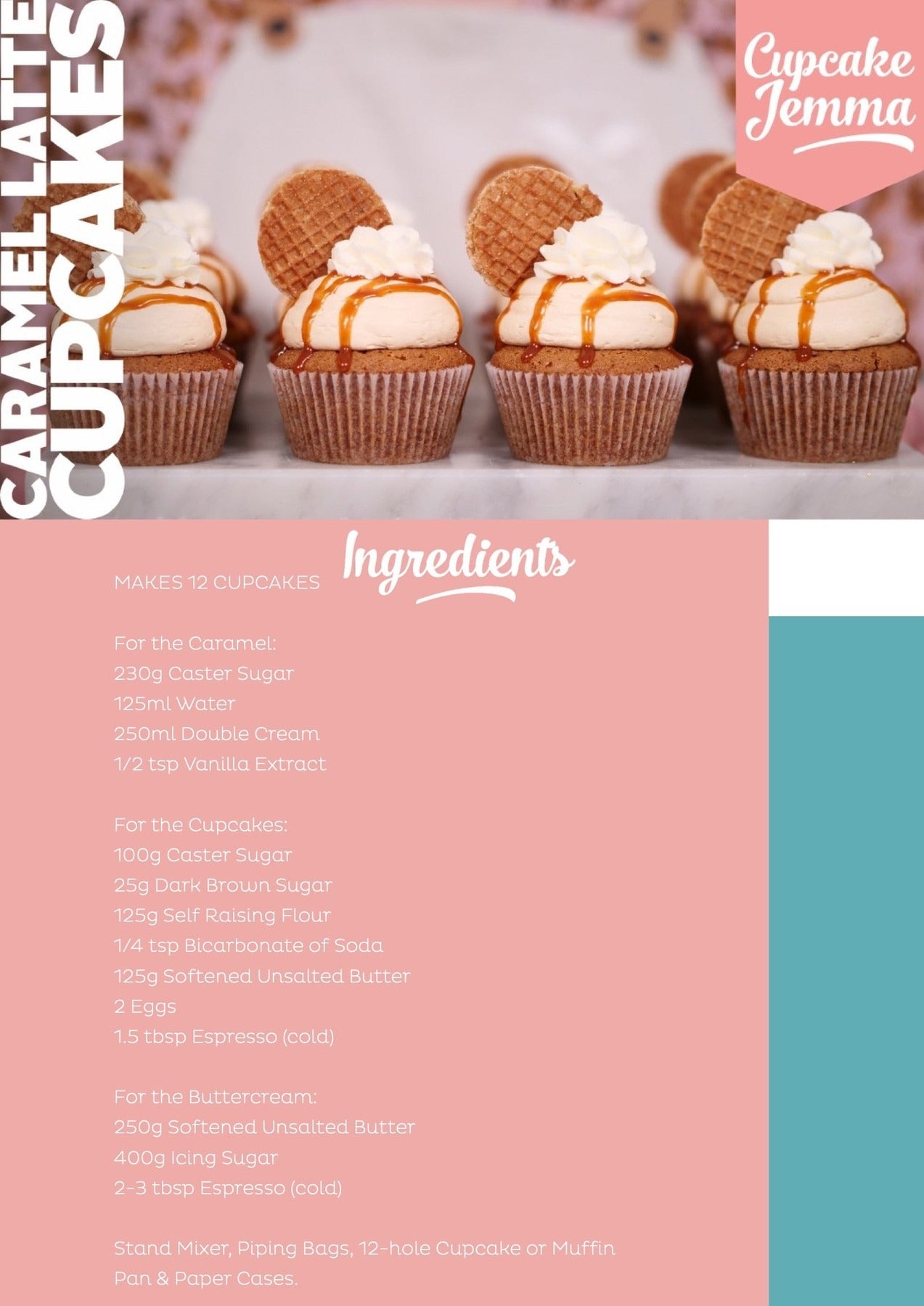Row of caramel latte cupcakes topped with cream, caramel drizzle, and waffle biscuit from Cupcake Jemma recipe download