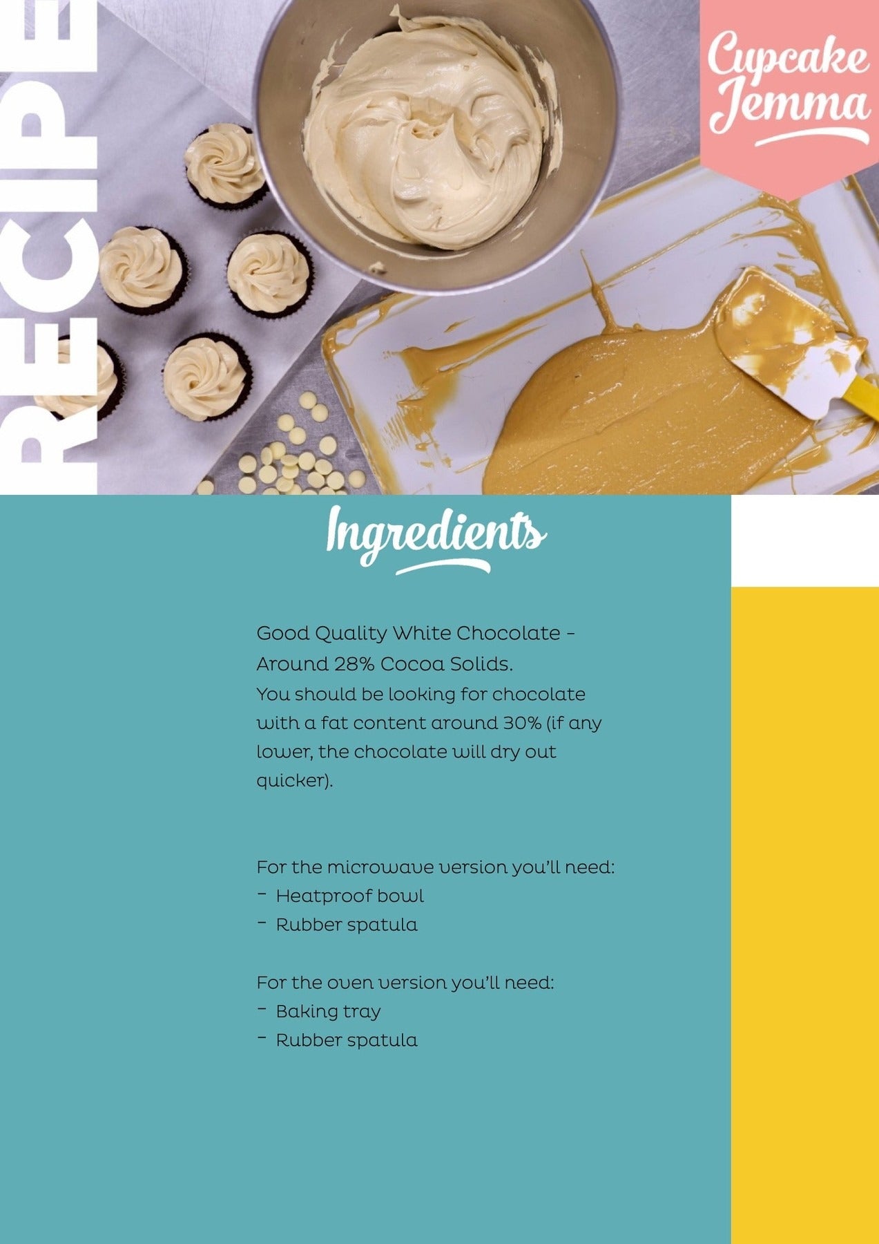 Bowl of creamy caramelised white chocolate with cupcakes and spatula on baking tray for Cupcake Jemma recipe