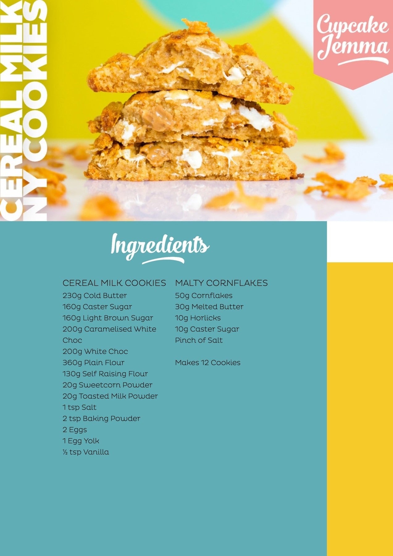 Stack of three soft and chewy Cereal Milk New York Cookies with visible white and caramelized chocolate chunks next to recipe text