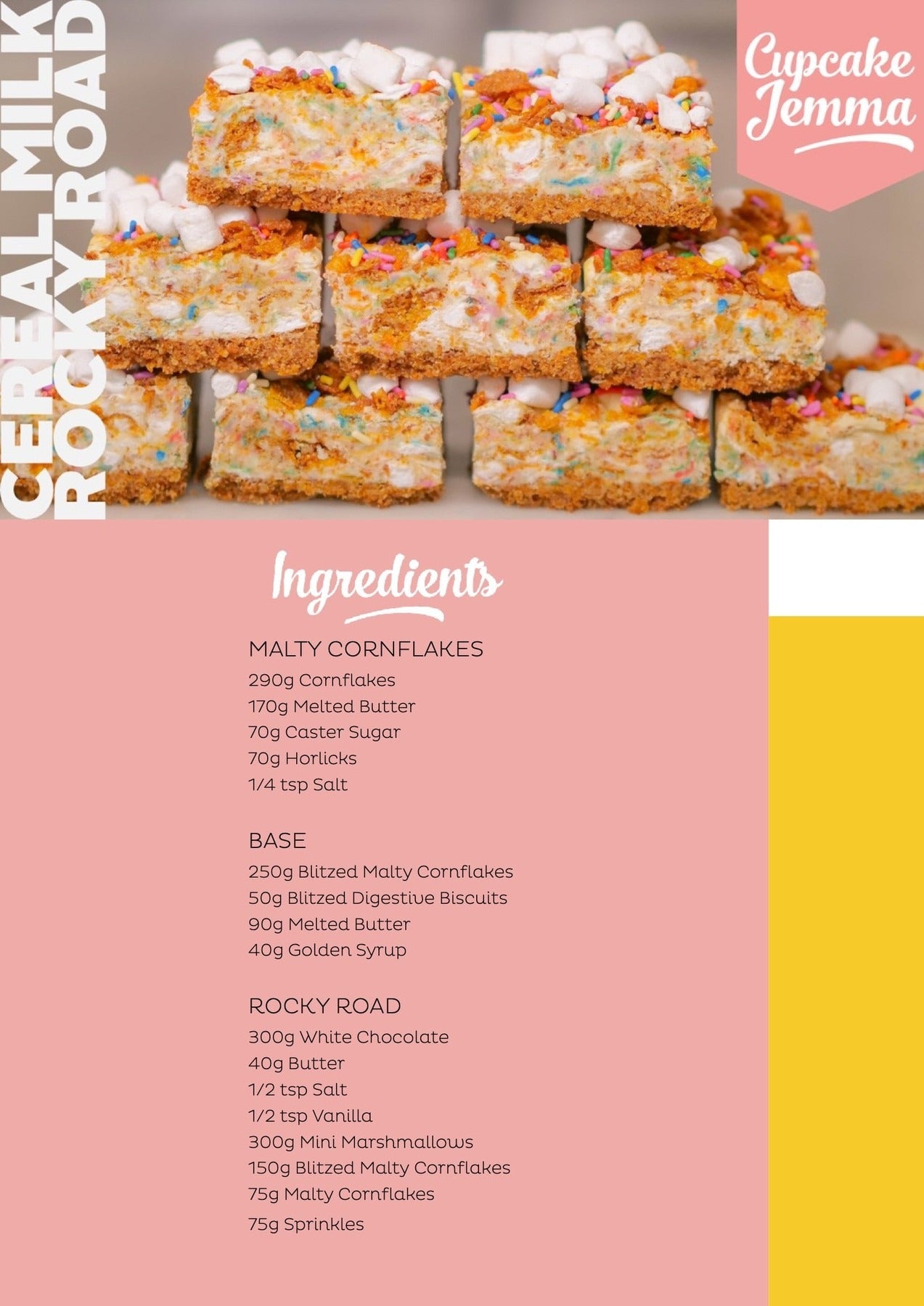 Stack of colorful Cereal Milk Rocky Road dessert squares with marshmallows and sprinkles by Cupcake Jemma