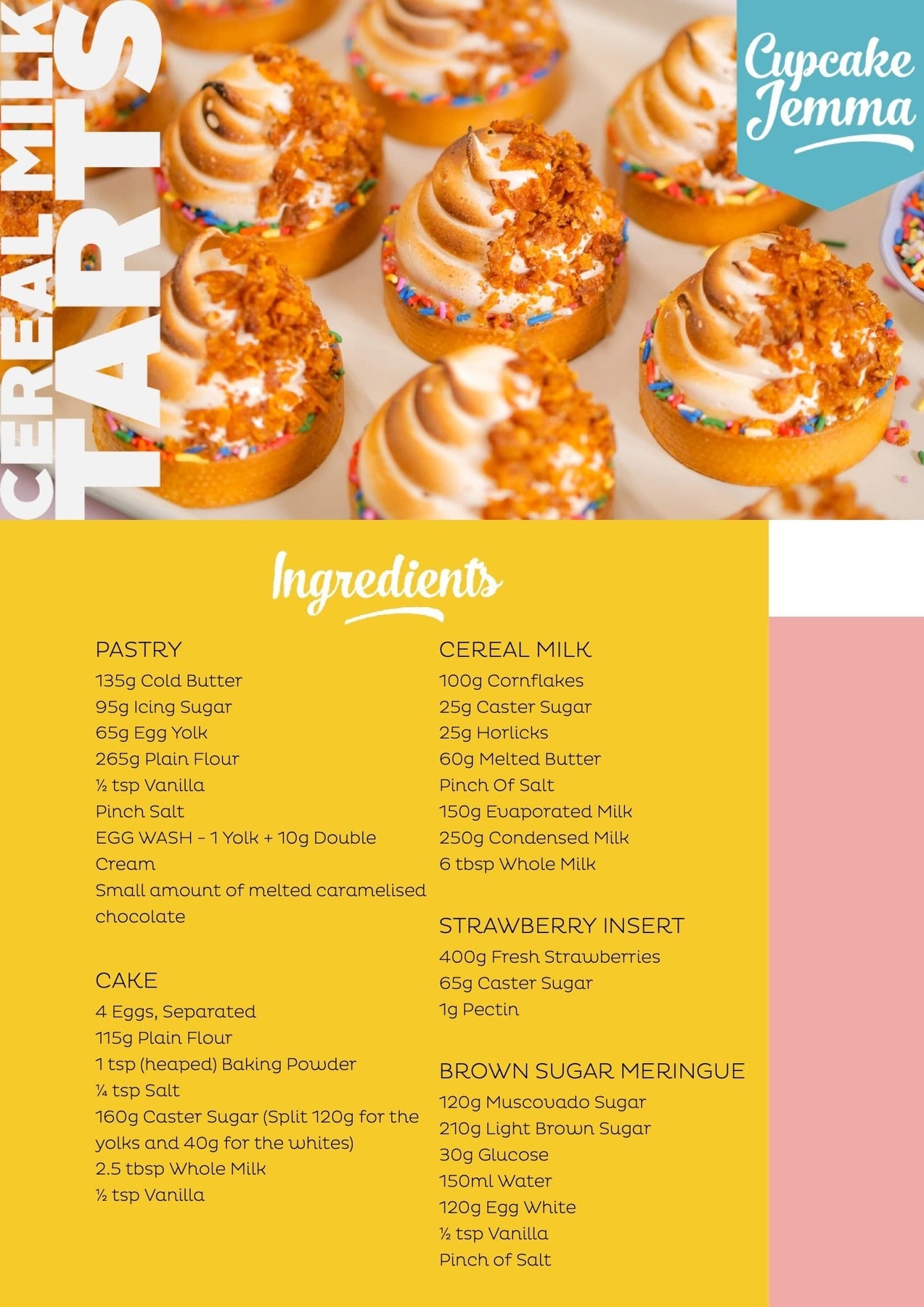 Cereal Milk Tarts with toasted meringue and cornflake topping from Cupcake Jemma downloadable recipe.