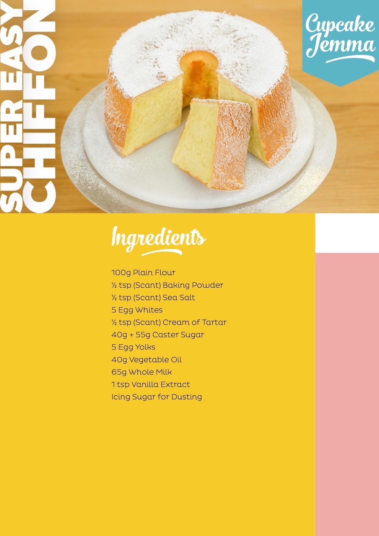 Chiffon Cake downloadable recipe by Cupcake Jemma showing a light airy cake dusted with icing sugar on a plate