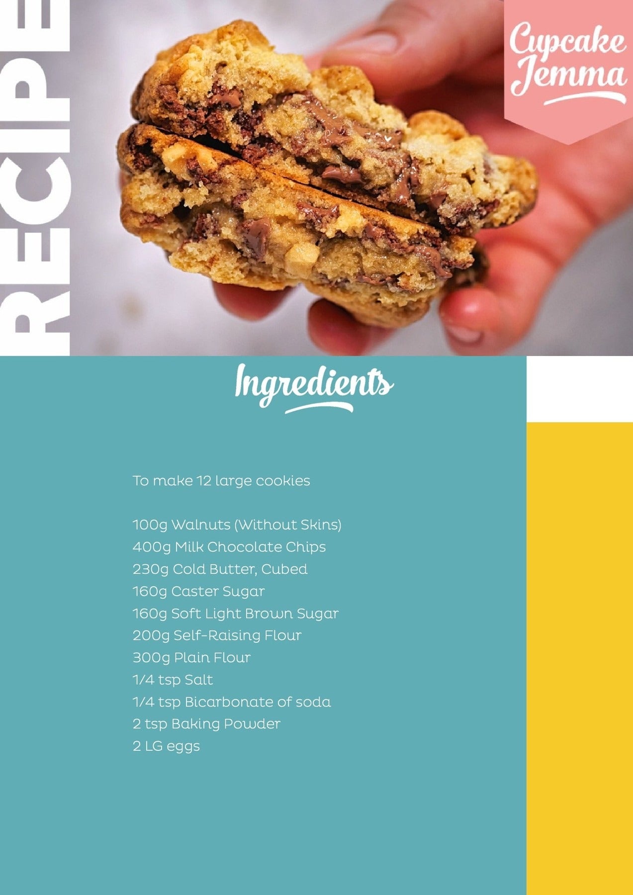 Close-up of a gooey chocolate chip New York cookie held between fingers with recipe details below by Cupcake Jemma