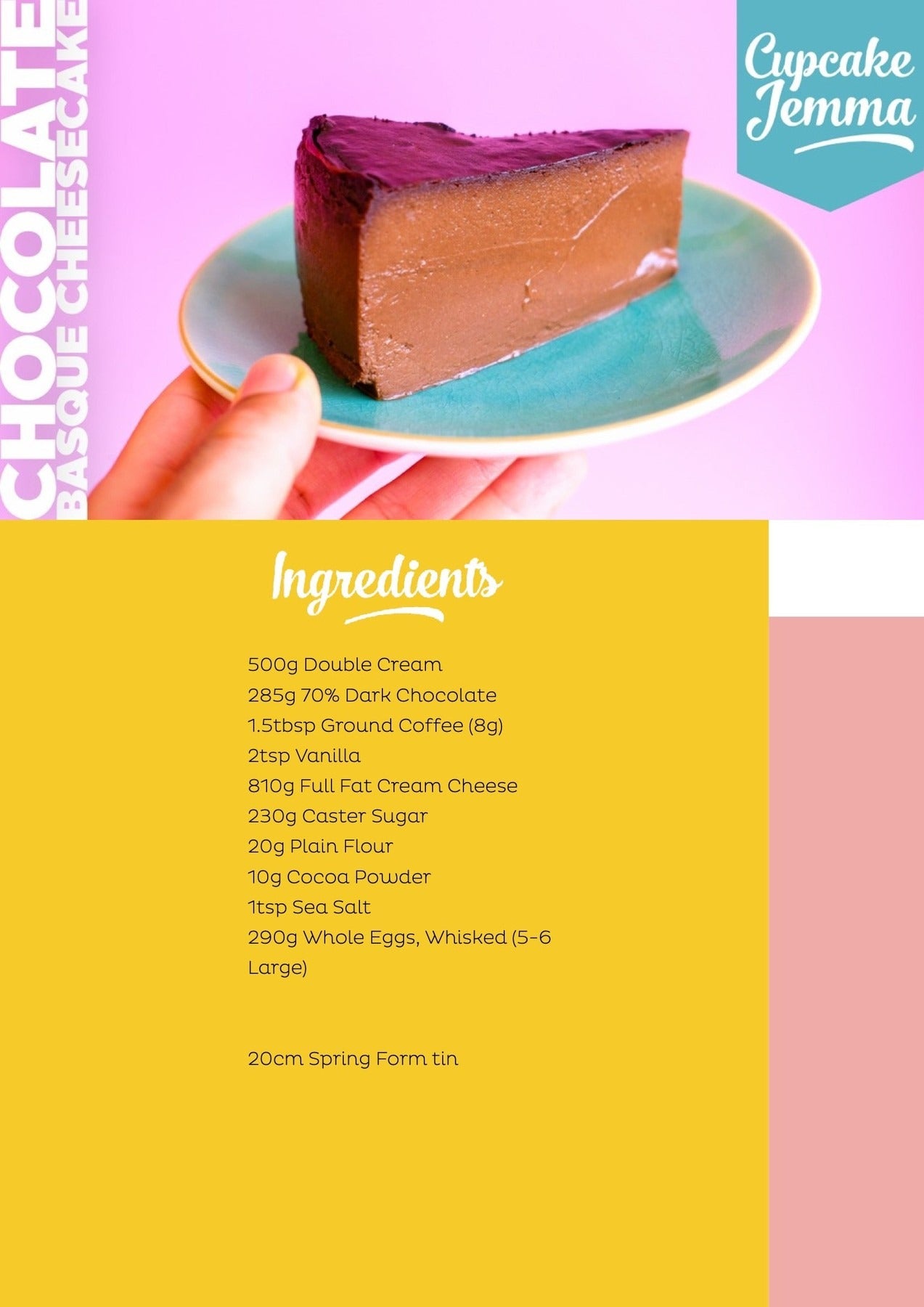 Slice of rich Chocolate Basque Cheesecake on a teal plate with recipe ingredients and Cupcake Jemma logo visible