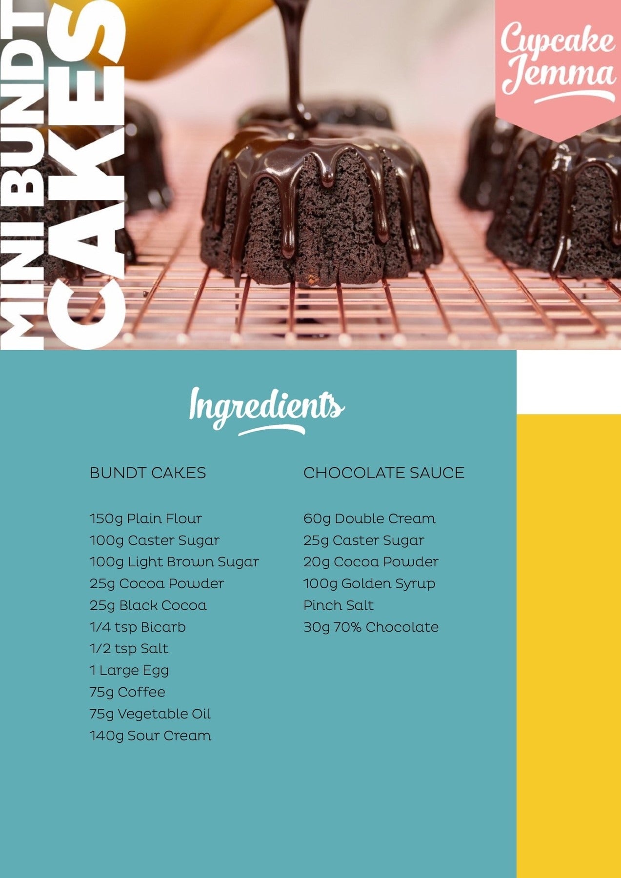 Mini chocolate bundt cake with glossy chocolate sauce drizzled on top on a cooling rack by Cupcake Jemma