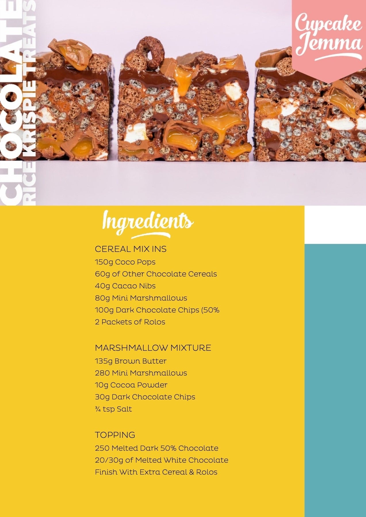 Close-up of Chocolate Cereal Fun Bar ingredients list by Cupcake Jemma for a downloadable recipe on baking sweet treats