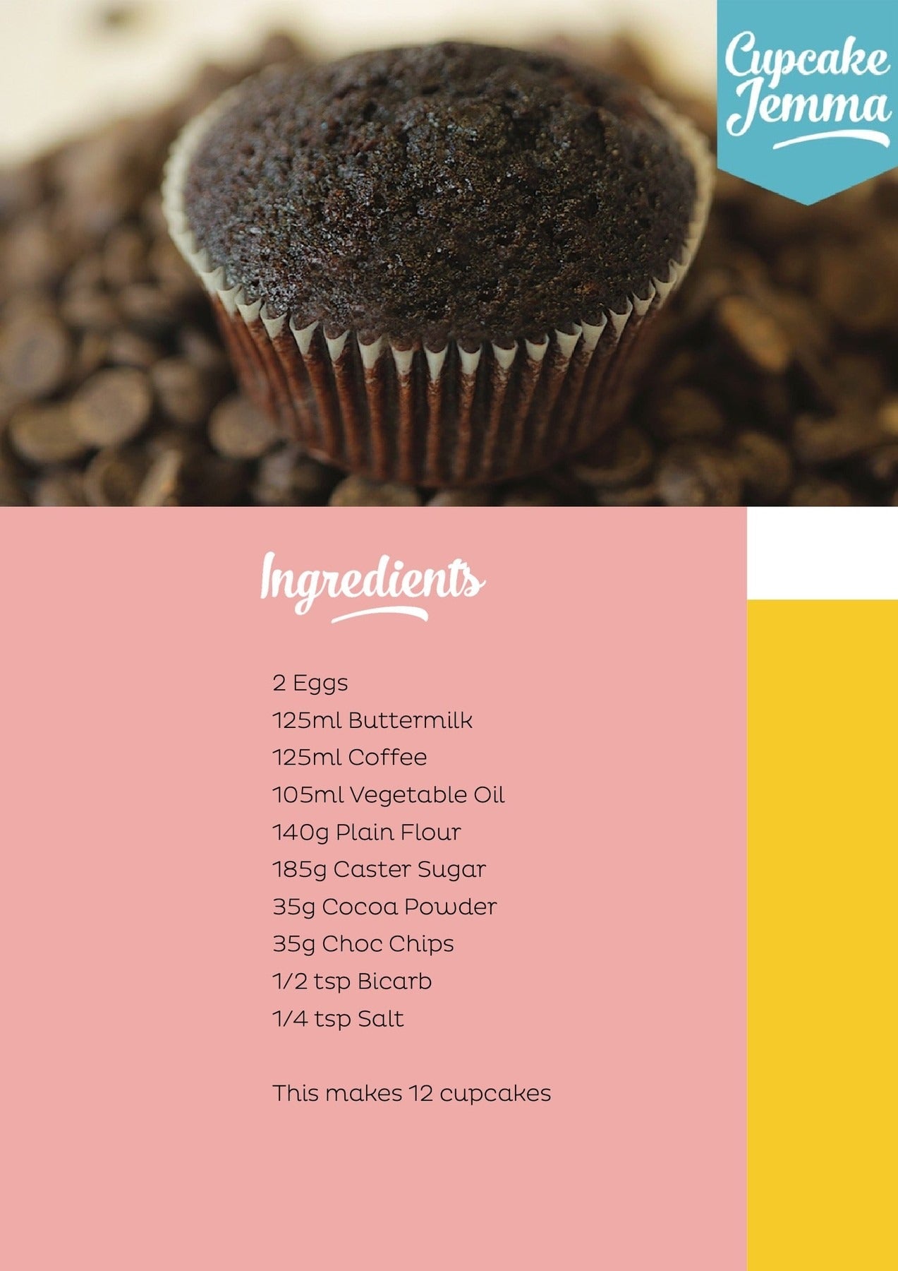 Close-up of a rich chocolate cupcake with Cupcake Jemma logo and ingredients list for Chocolate Cupcakes downloadable recipe