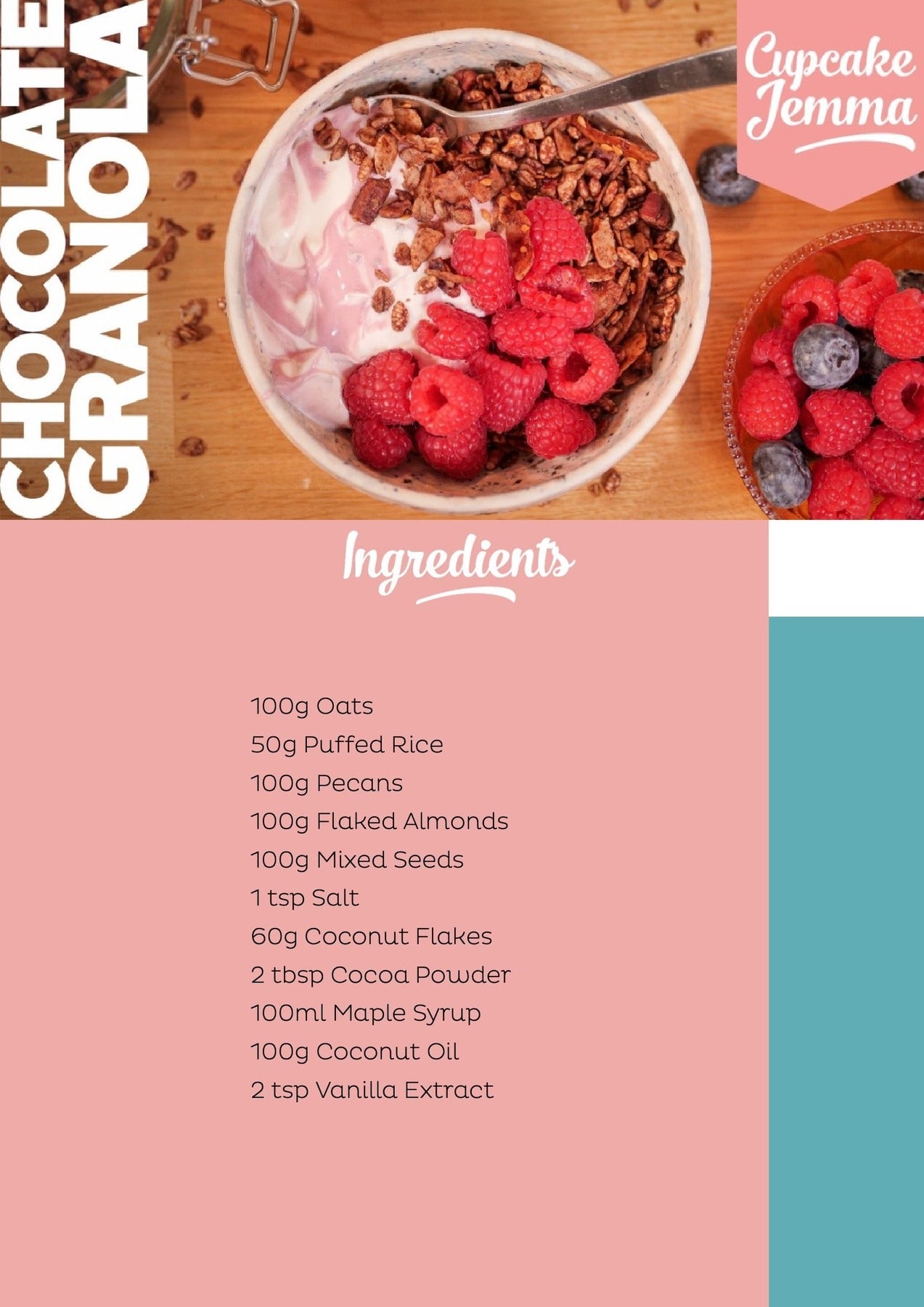 Bowl of chocolate granola with yogurt and fresh raspberries beside ingredients list for downloadable recipe