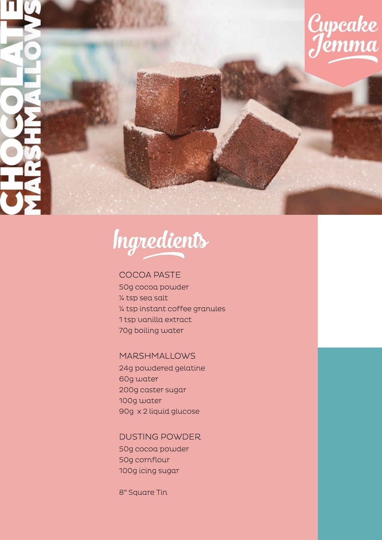 Chocolate Marshmallows downloadable recipe by Cupcake Jemma with ingredients for baking rich chocolate marshmallows.