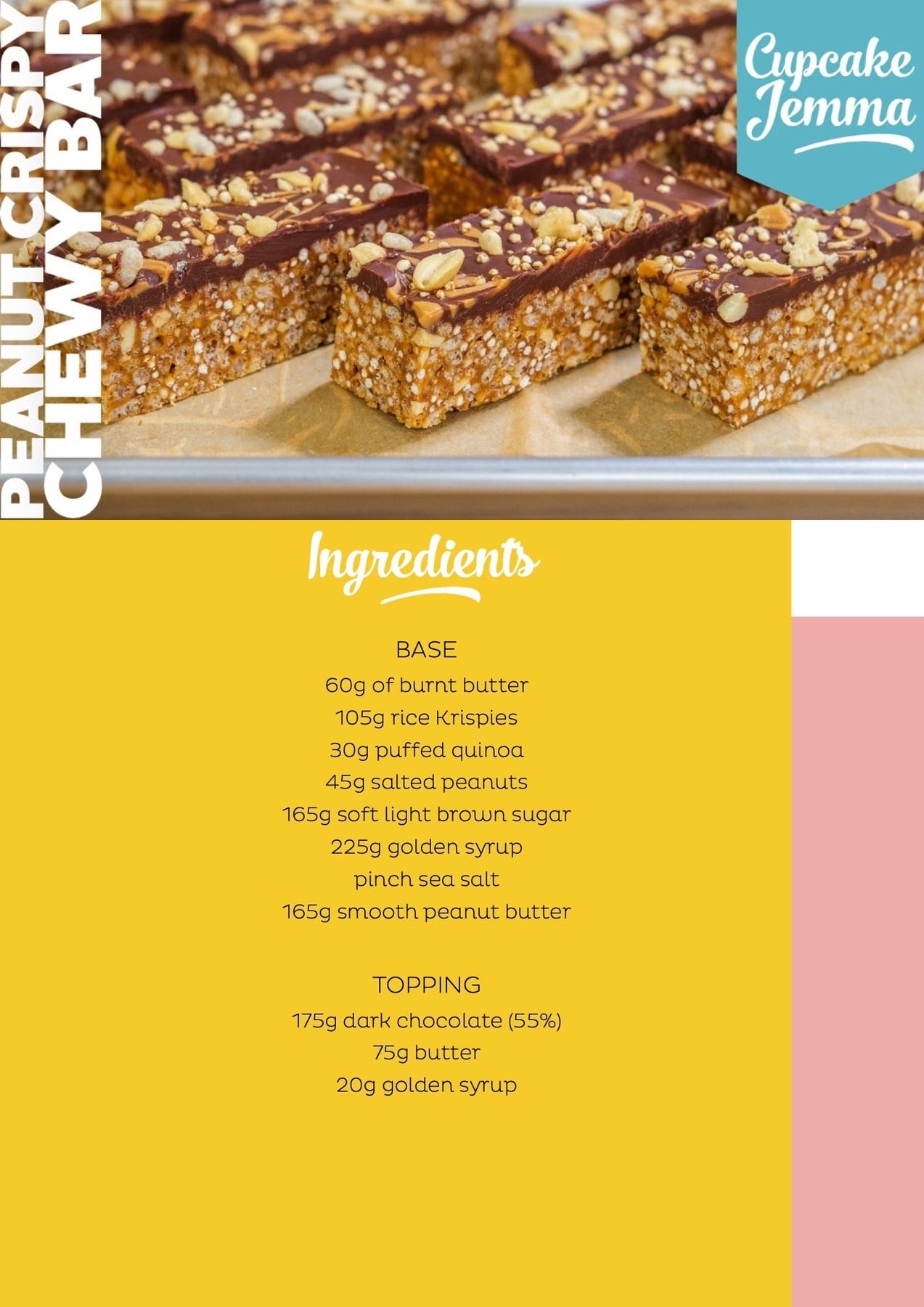 Close up of chocolate peanut krispie chewy bars with nuts for Cupcake Jemma downloadable recipe baking guide