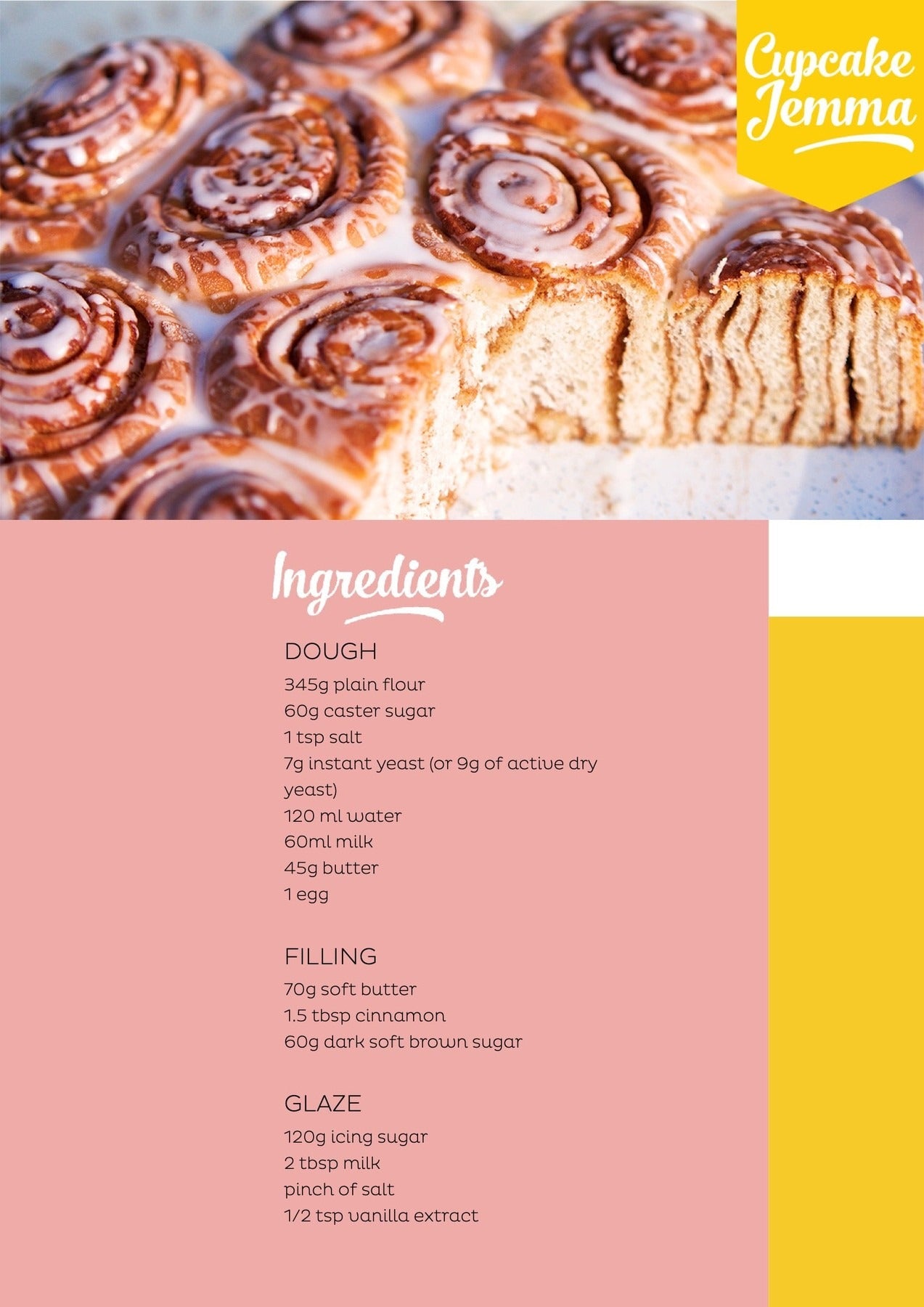 Close-up of soft, glazed cinnamon buns with a visible texture, accompanied by a downloadable recipe from Cupcake Jemma.
